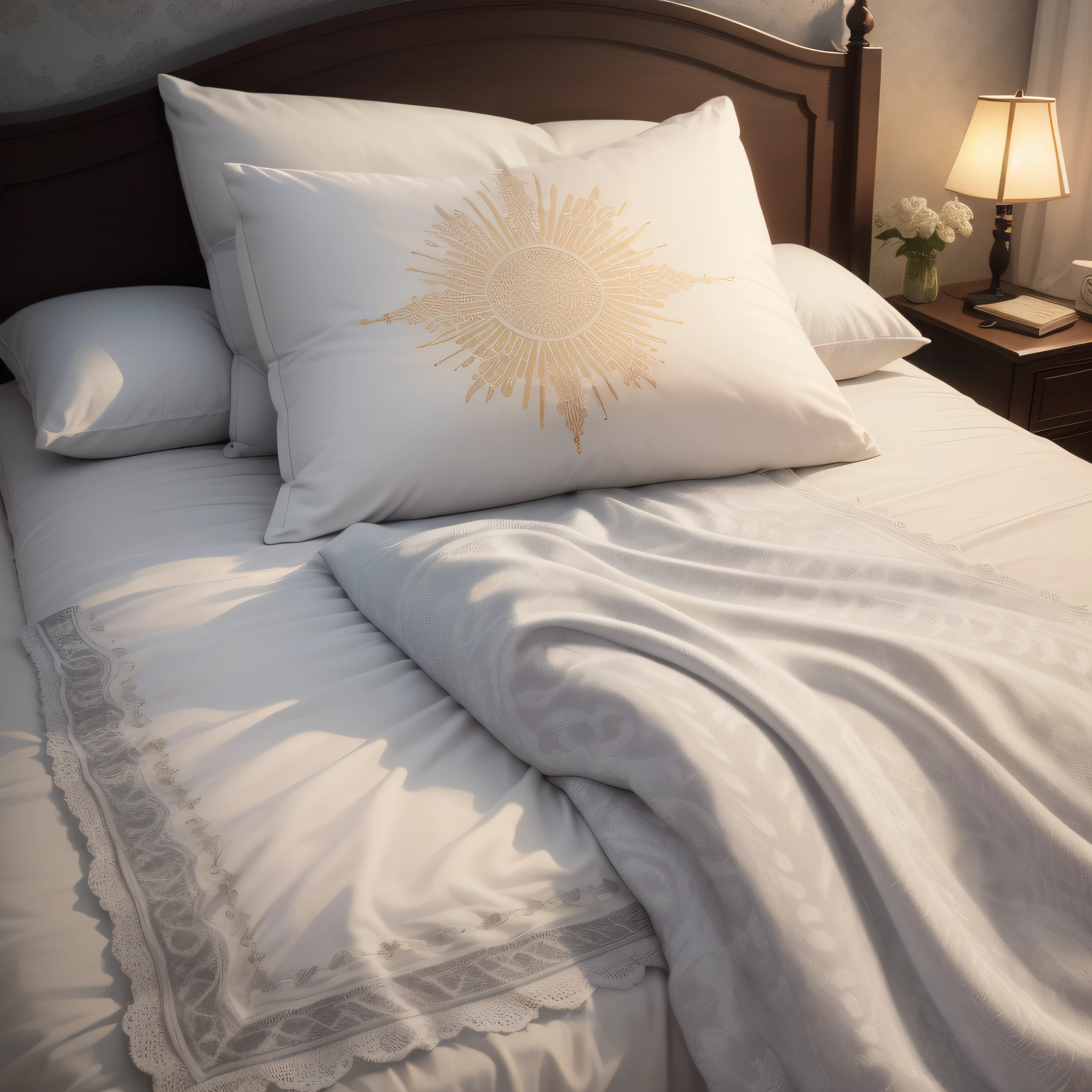 There is a bed，There are white duvets and pillows, White bed, goodnight, linen, predominant white color, Bed, Platinum, crisp smooth lines, cozy calm! fabrics textiles,print, delicate patterned, sun coast, un made bed, ceramics, Product rendering, Satin, Cotton, ellegance --auto