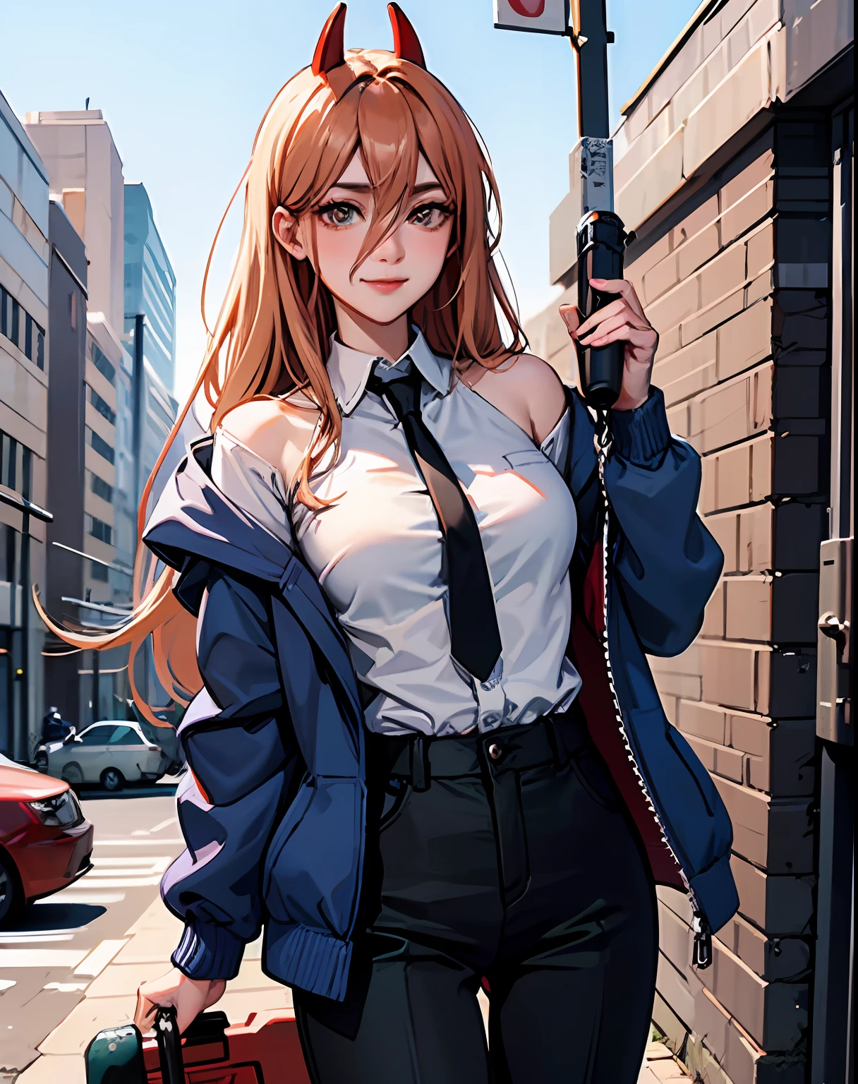 masterpiece, highly detailed, Best quality, ultra high res, 1girl,  horns, long hair, looking at viewer, medium breasts,  outdoor, power (chainsaw man), day, cowboy shot,  blush, smile, black necktie, blue jacket, pants, demon horns, cross-shaped pupils, collared shirt, hair between eyes, black pants, (off-the-shoulder:1.3), (partially_unbuttoned:1.2), white shirt