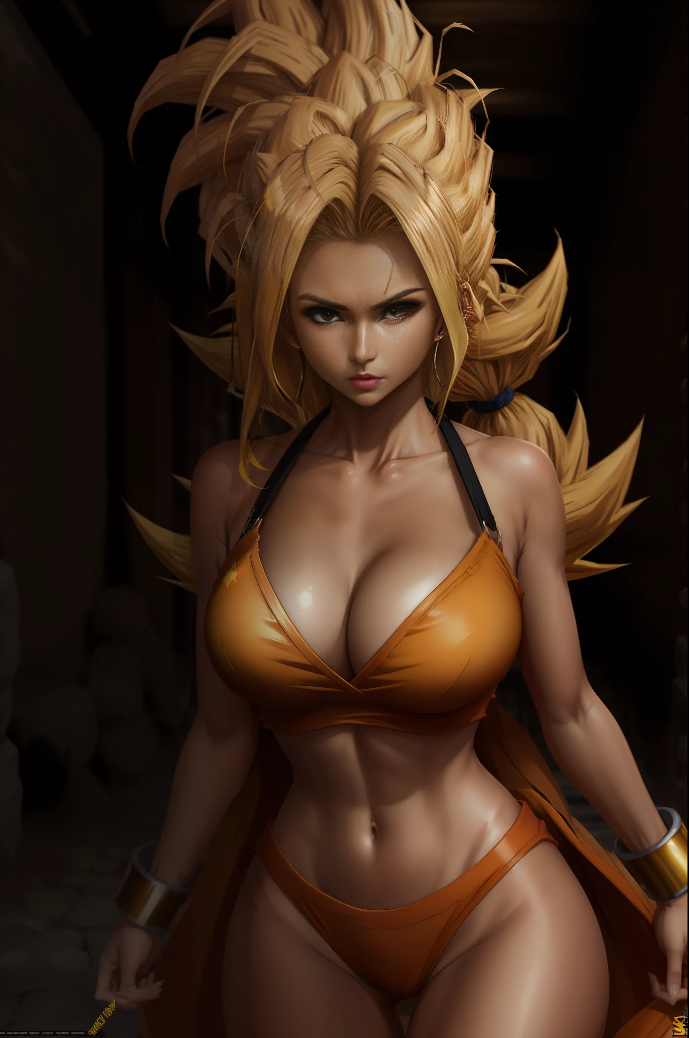 masterpiece, best quality, female goku, femalesuper Saiyan, yellow hair