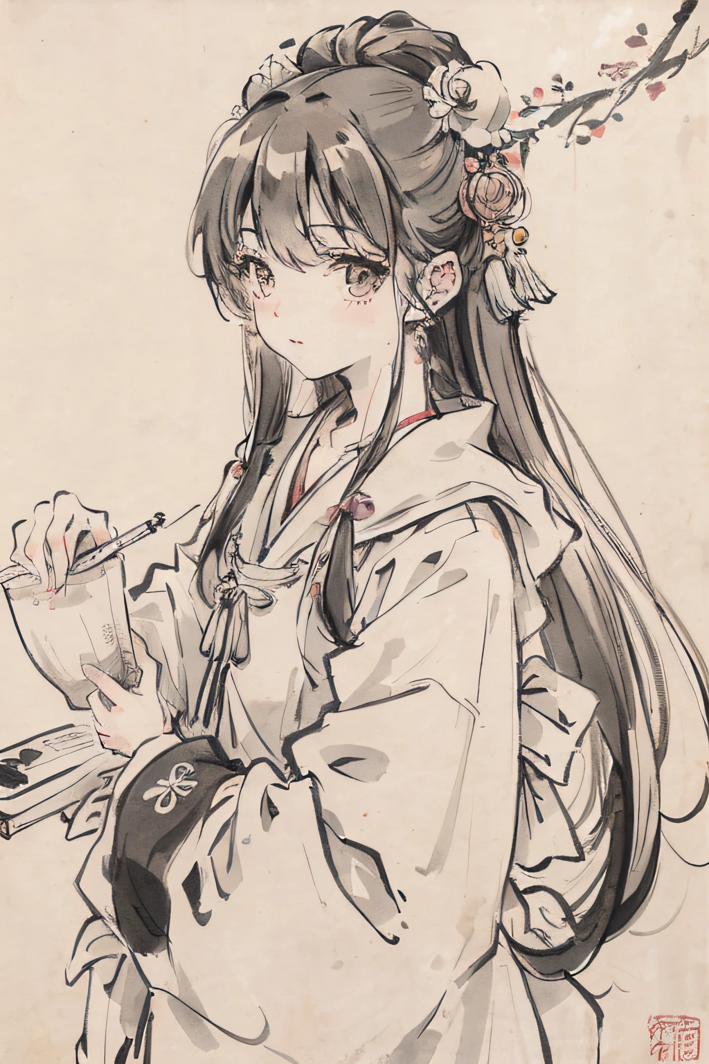 (Masterpiece, best quality: 1.2), traditional Chinese ink painting, a girl