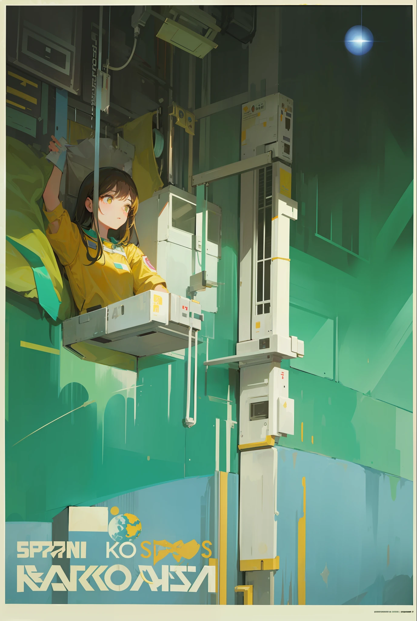 USSR Poster,USSR Poster,space,A space station,kosmos,a beauty girl,brunette color hair,yellow-eyed,spacewalk
