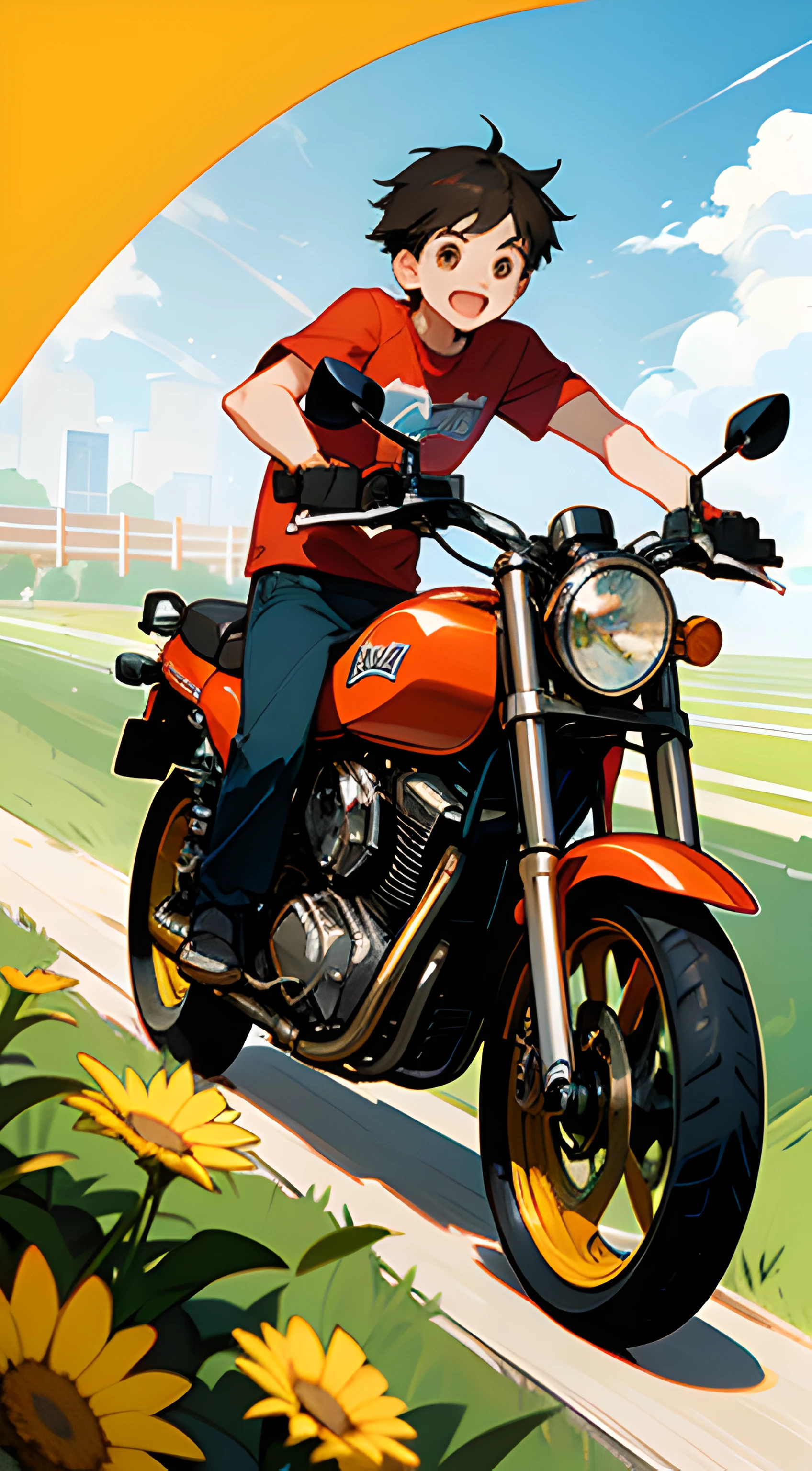 (high high quality)Motorcyclical(younge boy)Show on the(On wide meadows)swim,Wear a summer T-shirt,The direction of the ride is greeting(Brilliant sunshine),Behind him is(Vibrant garden)。