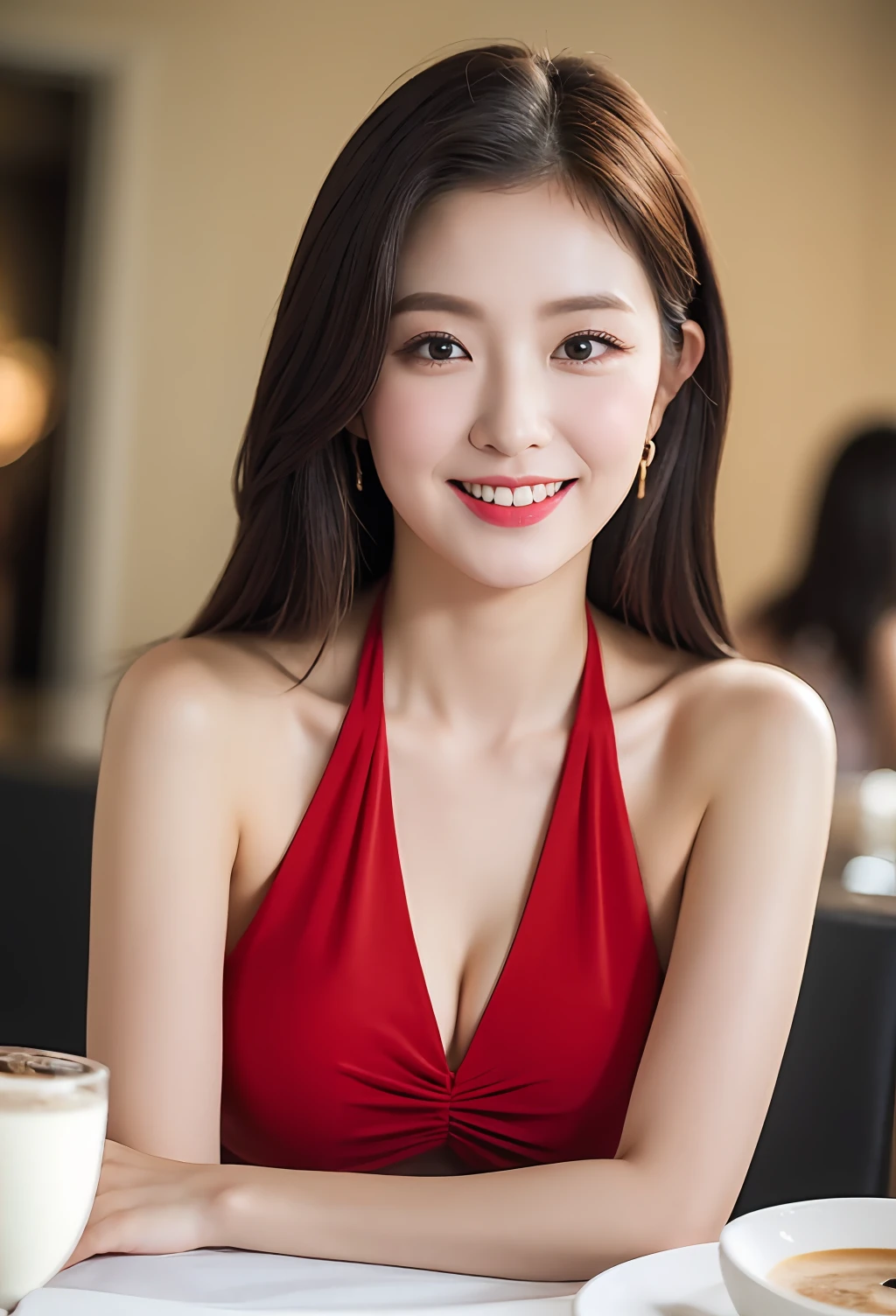 (8k, Best Quality, Masterpiece: 1.2), (Realistic, Realistic: 1.37), Super Detail, 1 Girl, Cute, Single, Midnight, Exquisite Sky, Detailed Cafe, Sitting, Dating, ( red nose), (smile: 1.15), (shut up) small , pretty eyes, flowing hair novaFrogStyle, halter top
