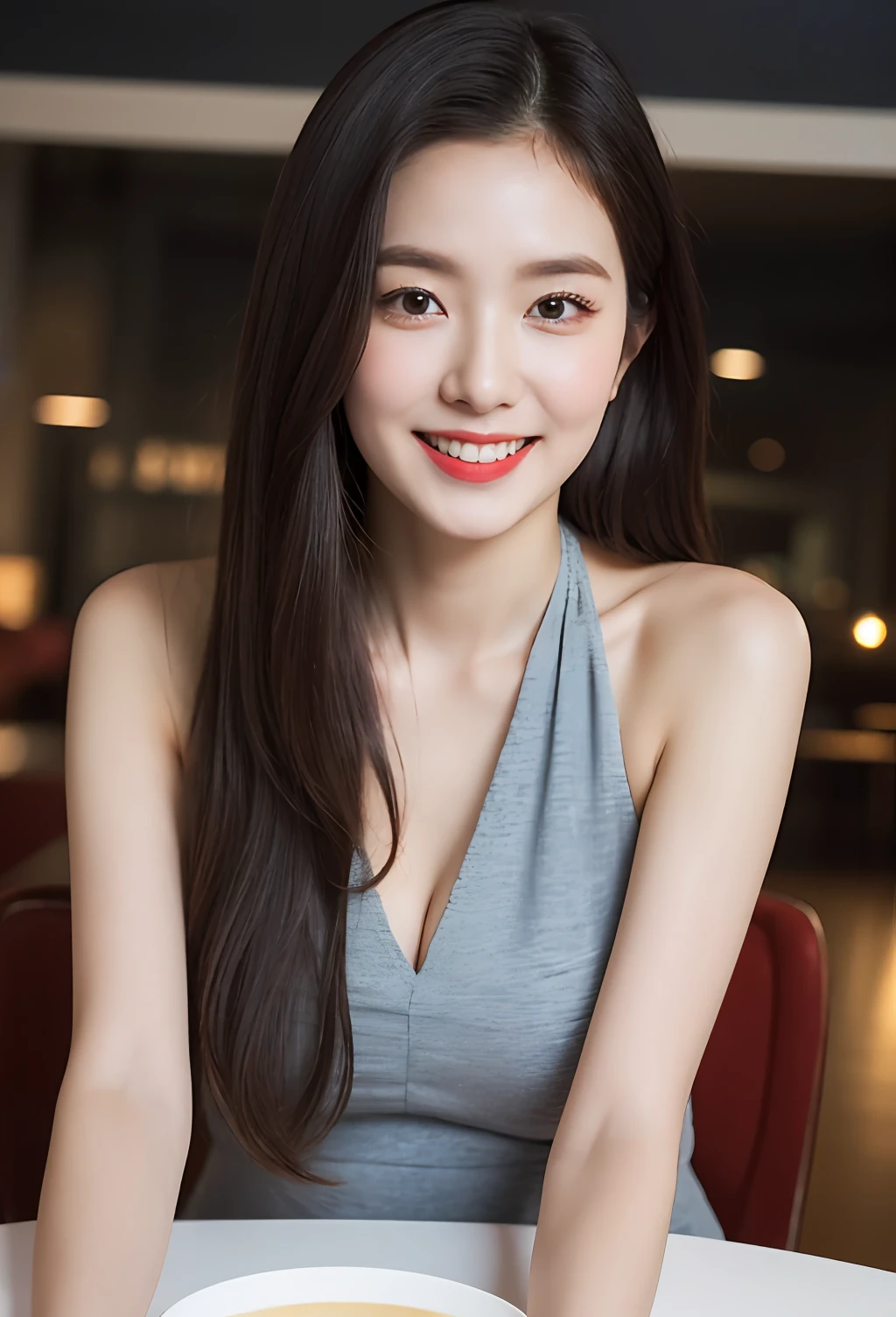 (8k, Best Quality, Masterpiece: 1.2), (Realistic, Realistic: 1.37), Super Detail, 1 Girl, Cute, Single, Midnight, Exquisite Sky, Detailed Cafe, Sitting, Dating, ( red nose), (smile: 1.15), (shut up) small breasts, pretty eyes, flowing hair novaFrogStyle, halter top