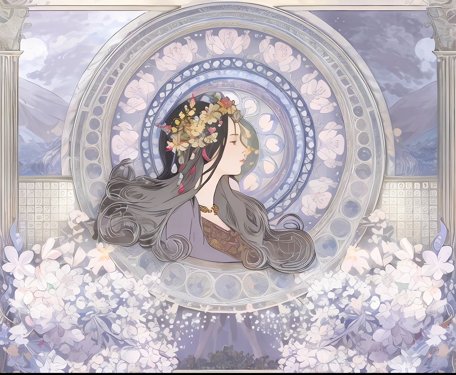 There was a woman with a flower in her hair，A wreath is worn over his hair, korean art nouveau anime, anime art nouveau cosmic display, mucha style 4k, Art Nouveau background, art deco flower shaman, Goddess. Extremely high detail, lunar goddess, lunar goddess, Beauty Art Nouveau woman, ((a beautiful fantasy empress)), celestial goddess, anime art nouveau