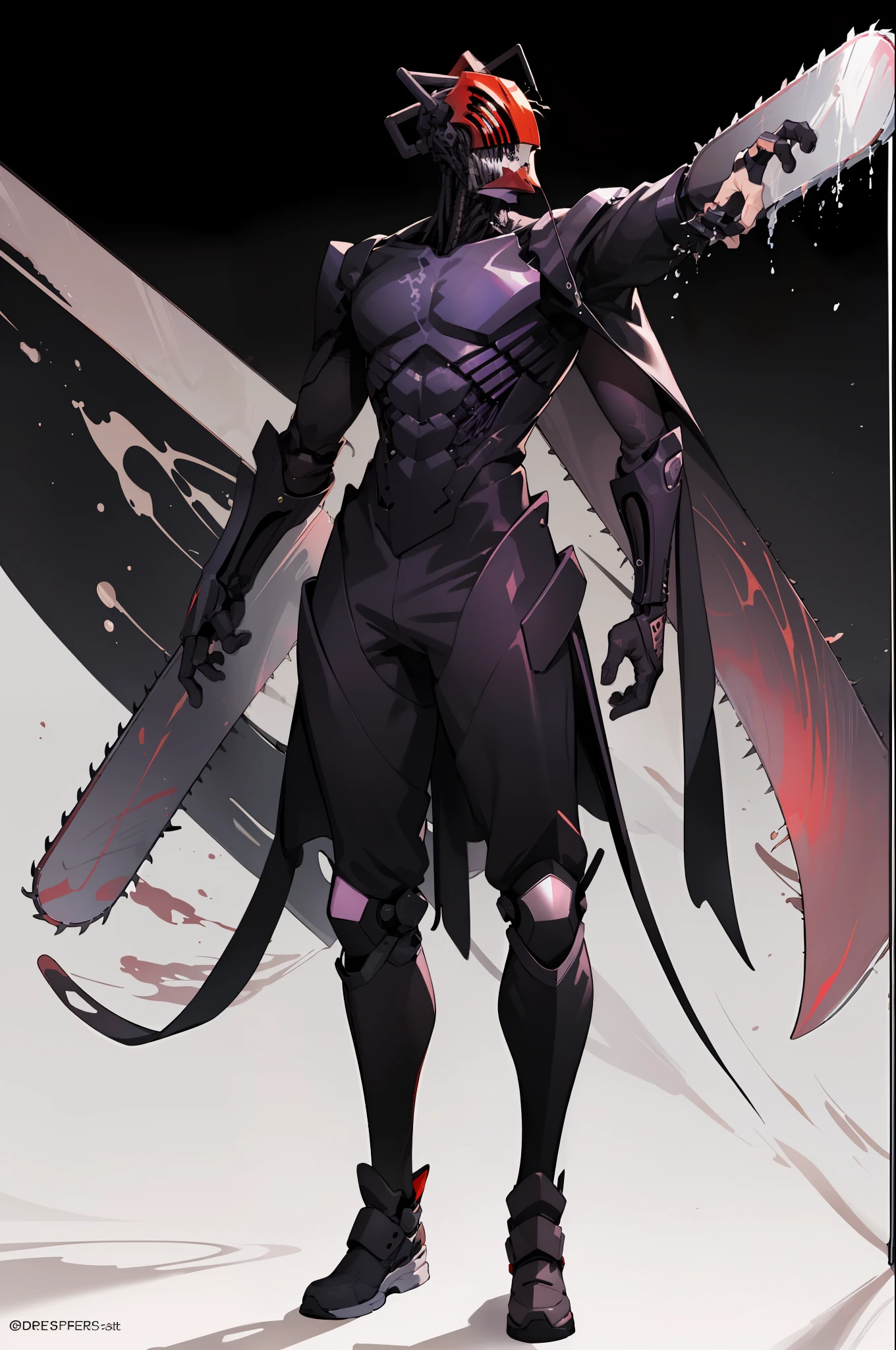(masterpiece, best quality:1.2), full body, goth_punk, 1man, solo, chainsaw man ultimate form, long pointy horns, color white, wearing a cyber exoskeleton armor, roled up sleeves, long tongue, wearing gloves, splash ink, manga style