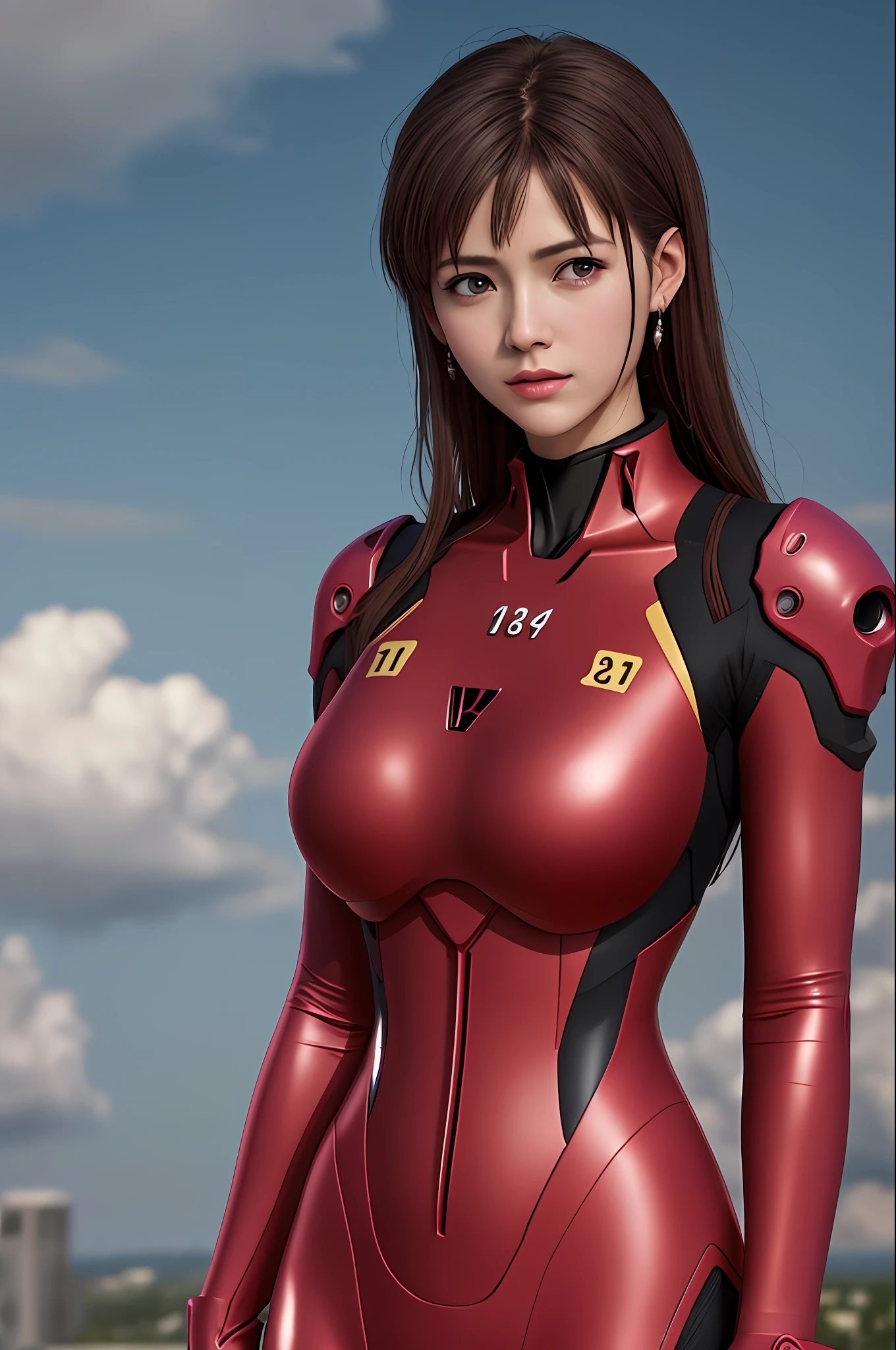 8k, best quality, real picture, ultra-detailed, ultra highres, depth field,(photorealistic:1.2,realistic:1.2),masterpiece, mnagasawa, evangelion, pink plug suit, (high detailed skin:1.2), 8k uhd, soft lighting, high quality,colorful,cloud, black skin