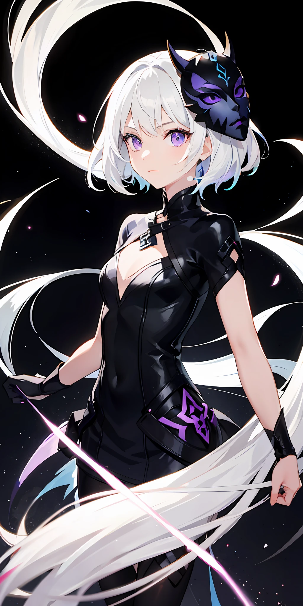 1girl, white hair, multicolored hair, purple eyes, mask on head, sidelighting, light particles, wallpaper,