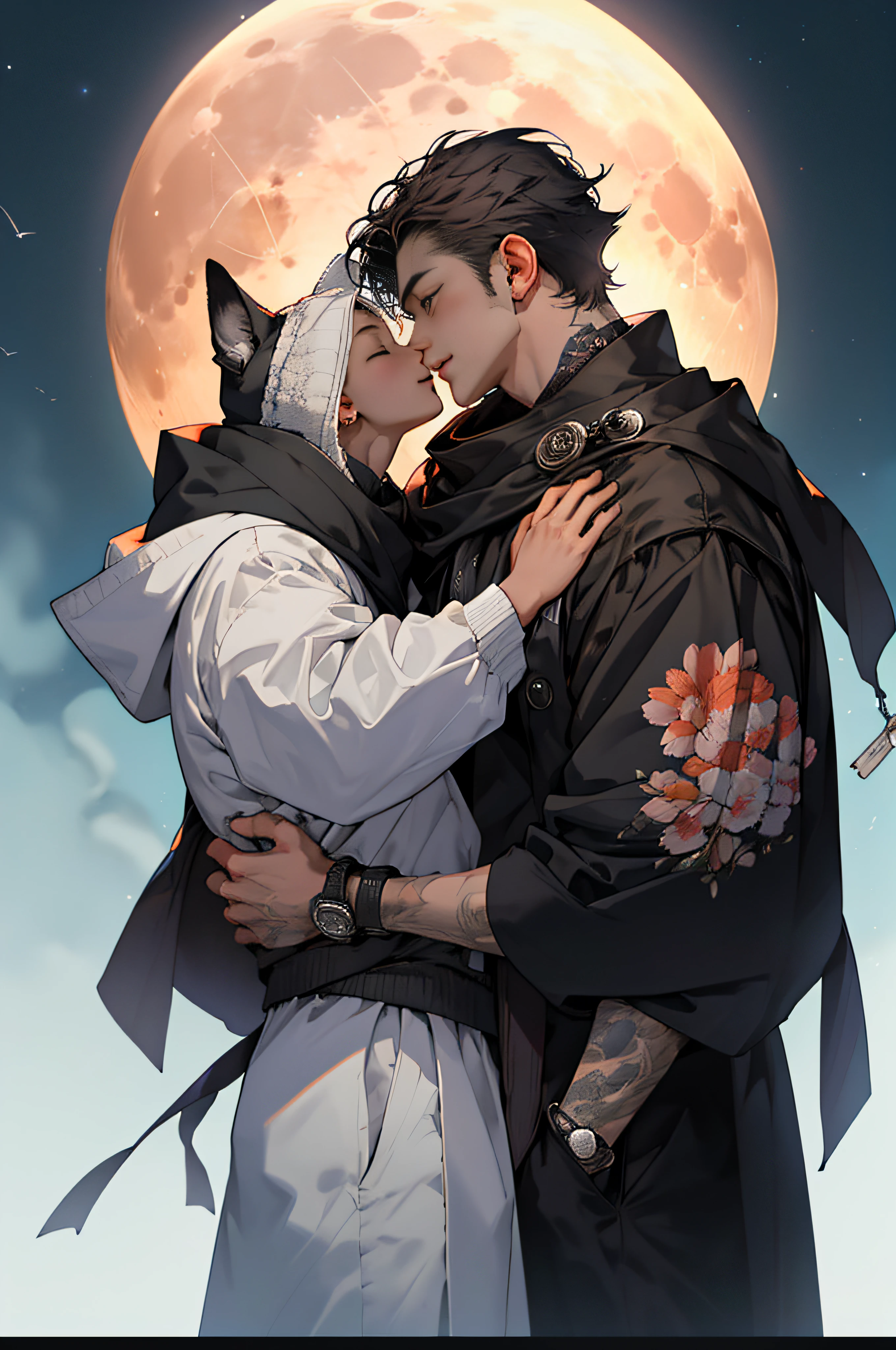 best qualityer,k hd,best qualtiy,2boy,with a round face,simplebackground,kisses,Hugged,Huge moon in the background