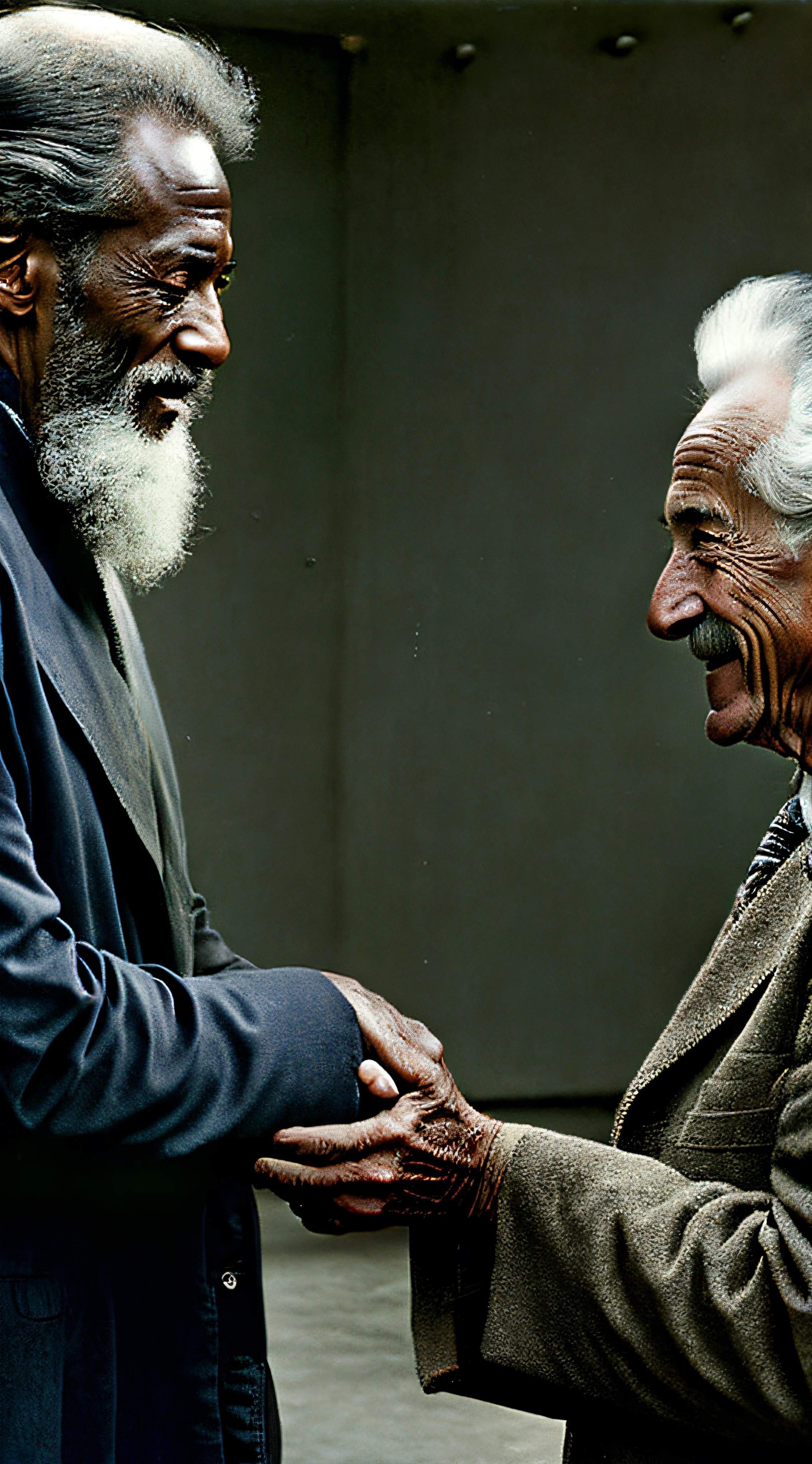2 hands shaking hands one from a 50 year old white man, the other from a 30 year old black man, giving a friendly greeting, 50mm, kodak portra 400, photograph by Martin Schoeller, natural light, wearing 70s, natural skin, real skin texture, unreal engine, UE5, cinematic, highly detailed, octane rendered + hyper realistic, Photography