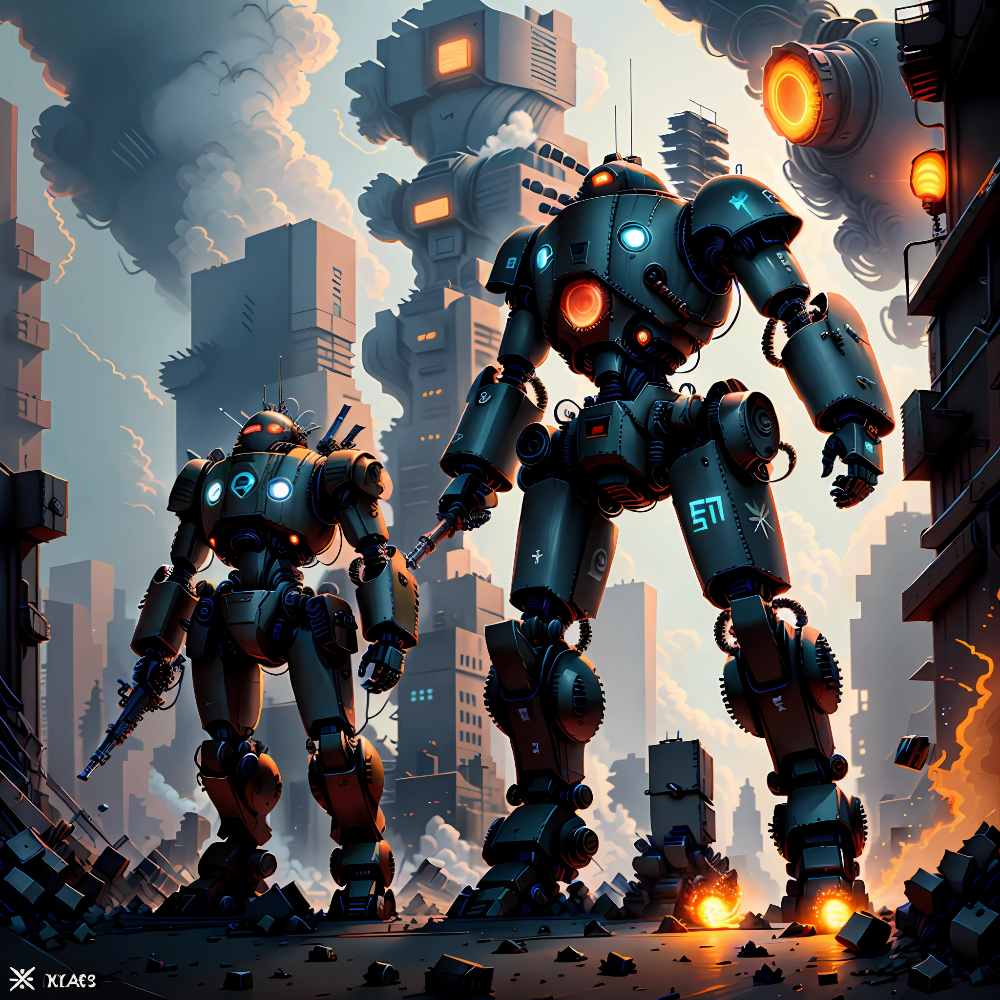 sky, cloud, holding_weapon, no_humans, glowing, , robot, building, glowing_eyes, mecha, science_fiction, city, realistic,mecha