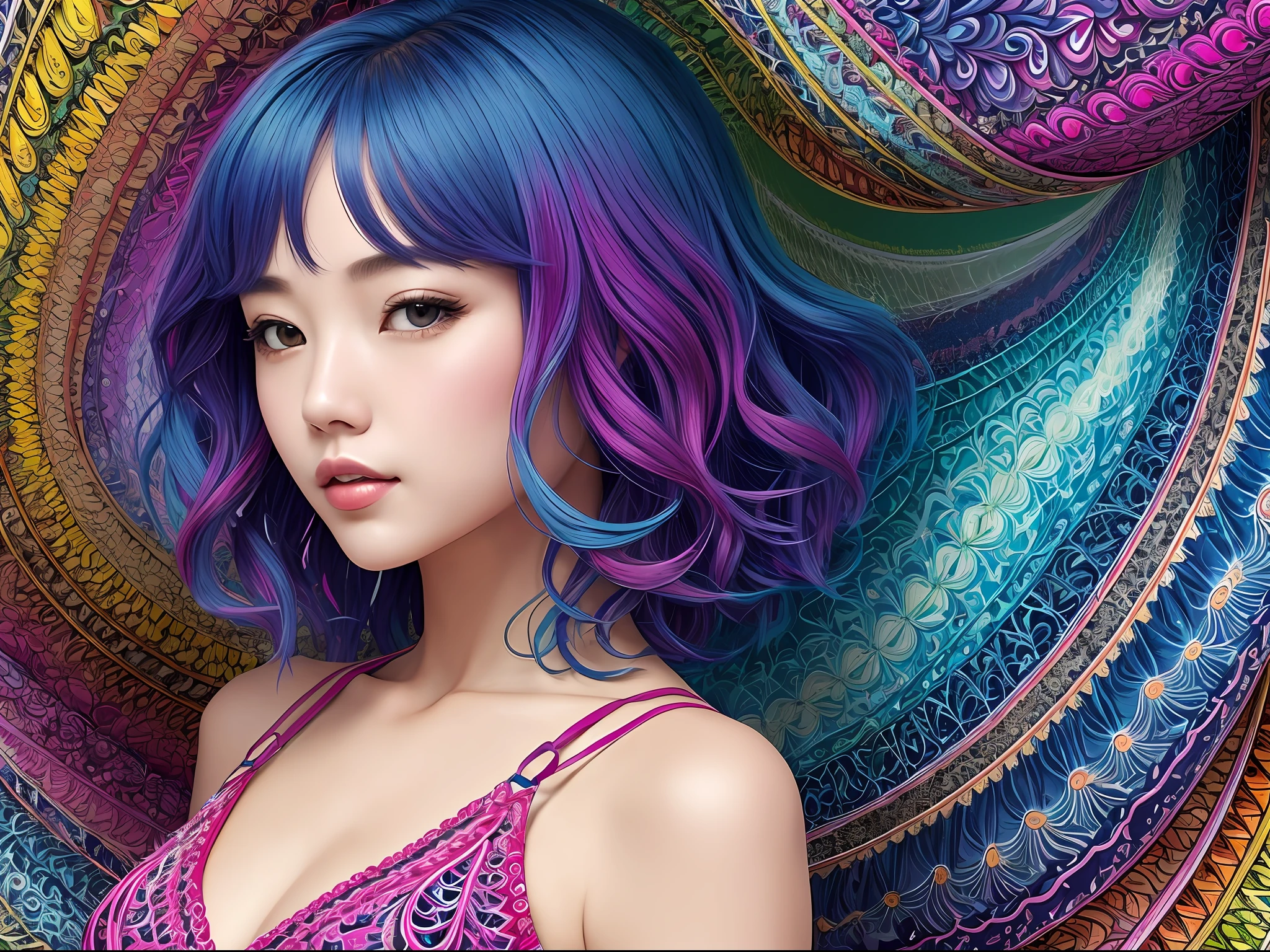 (masterpiece、top-quality、top-quality、Official art、Beautifully Aesthetic:1.2)、(1girl in:1.3)、ighly detailed、(Fractal Art:1.2)、colourfull、highestdetailed、(Zentangle:1.2)、(Dynamic Pause) 、(Abstract background:1.5)、(Nice dress:1.2)、(shinny skin)、(Many colors:1.4)、full bodyesbian 、shorth hair