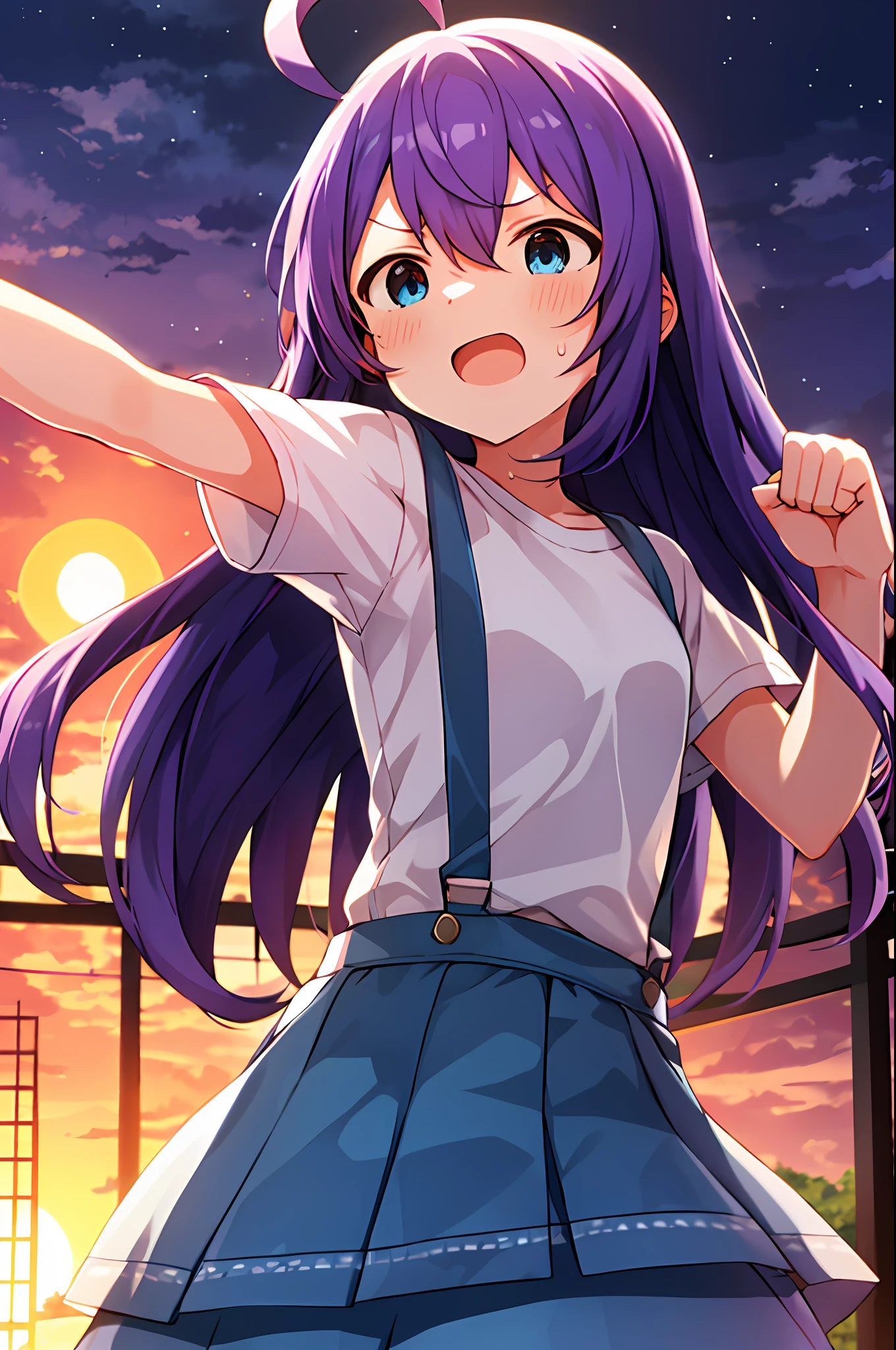 mochizuki anna,1girl in,Solo,Long hair,Purple hair,Small_Ahoge,Blue eyes.Short stature.white t-shirts.suspenders.Skirt.Evening glow.the setting sun.Spread your arms.Despair face.Sweat.Opening Mouth.Clench your fists.fighting stance.