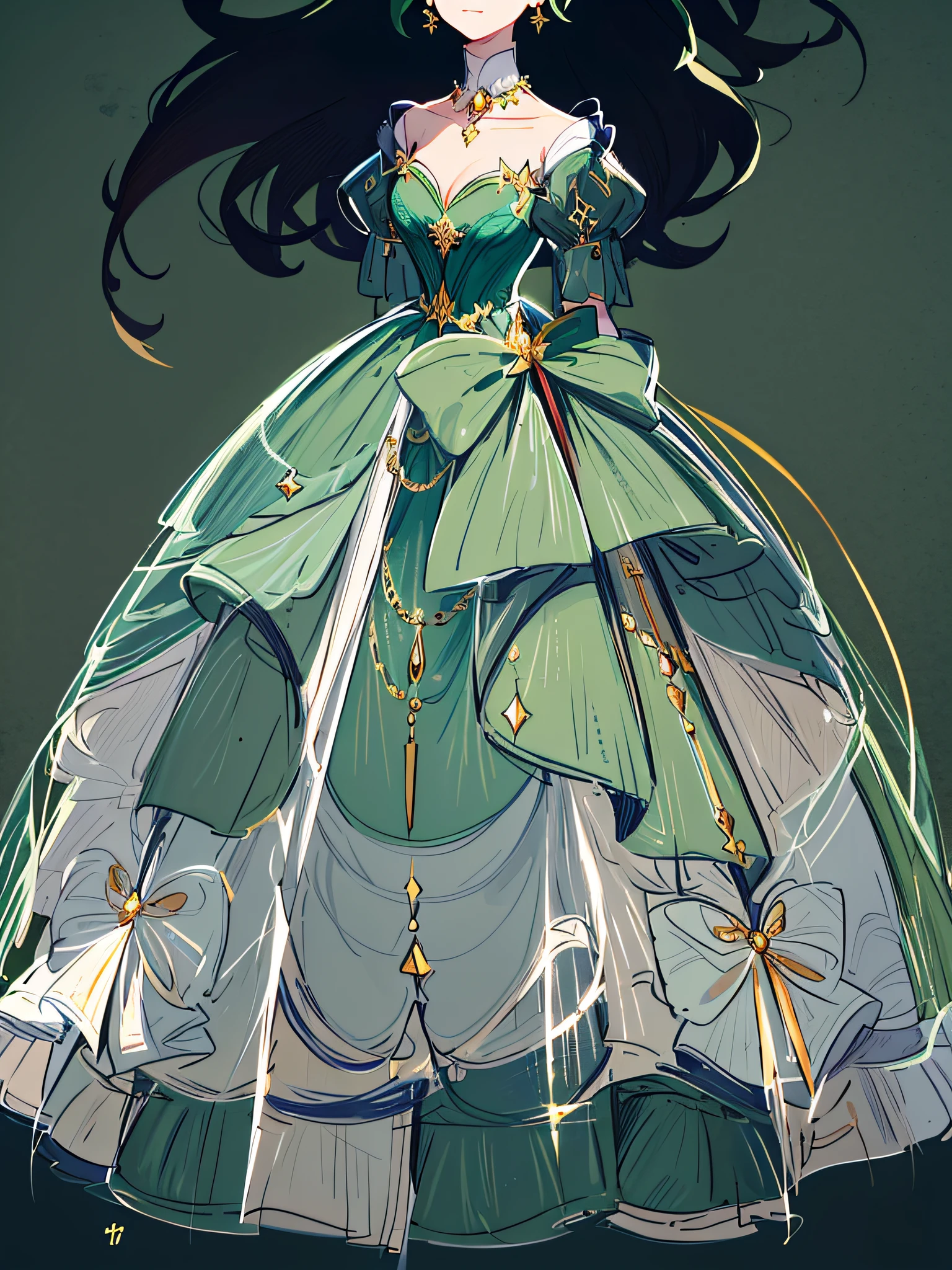 Close-up of dark green dress,Maneman wears a bow on him, Dark green dress,(white backgrounid:1.2),magical dress, royal robe, dreamy dress, Detailed dress, very detailed and rich clothing, detailed fashion illustration, dressed beautiful gown,