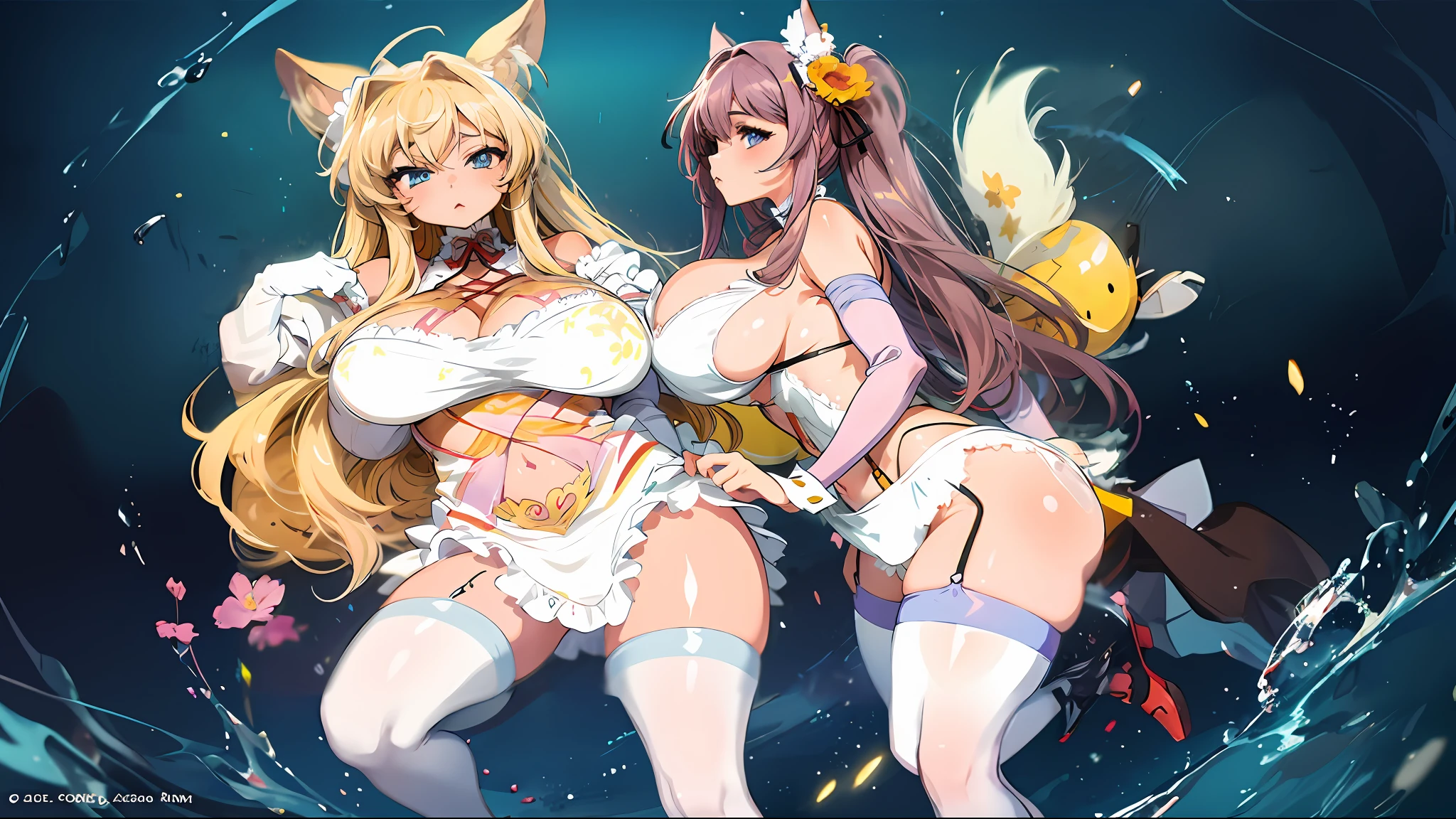 Anime characters posing for photos in a dark room in costume, WLOP and Sakimichan, anime maids riding early tanks, A scene from the《azur lane》videogame, Anime goddess, Splash art anime Loli, 《azur lane》role, Anime girls, Edgeie anime style, two beautiful anime girls, azur lane style, Best Rated on pixiv, eechi