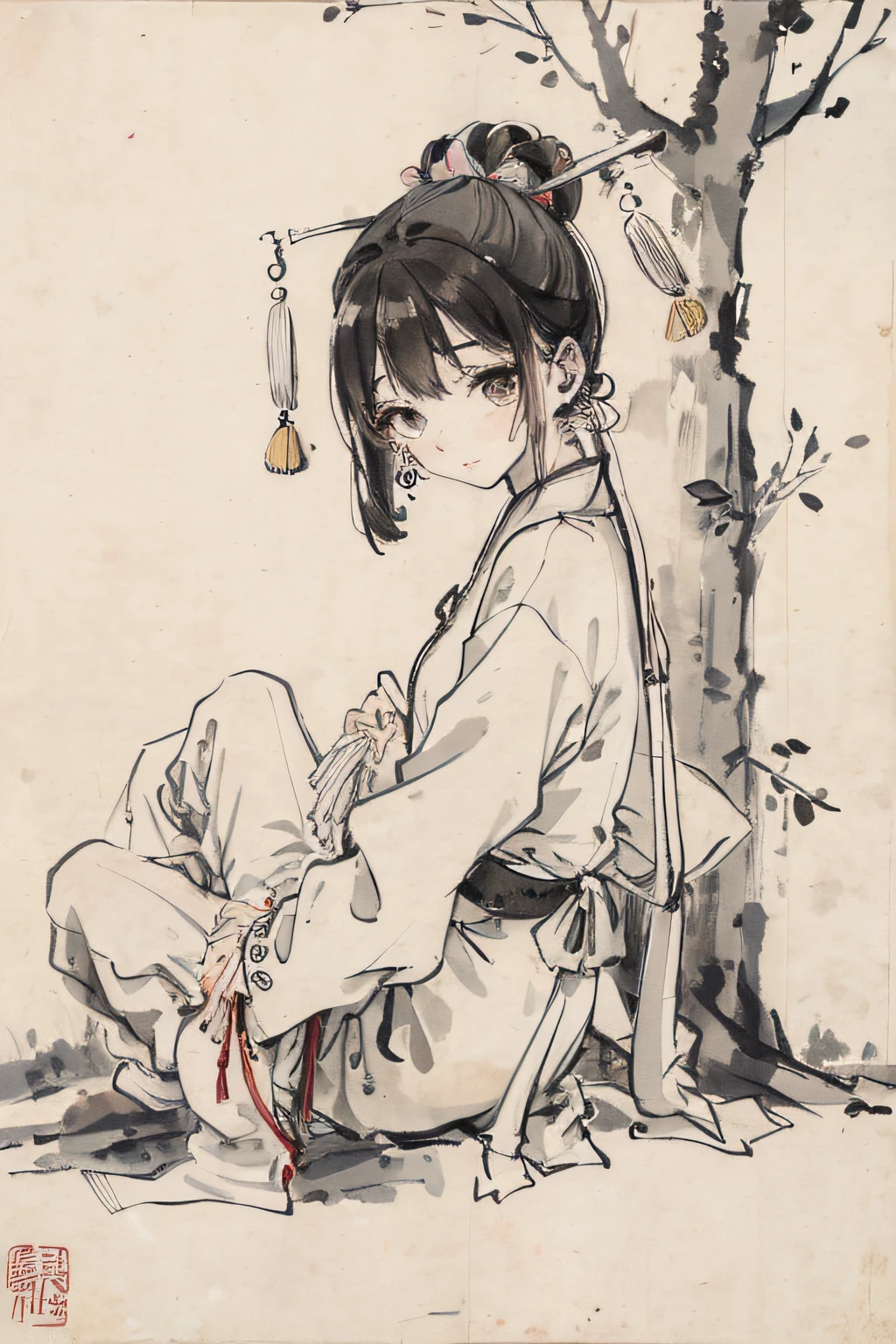 (Masterpiece, best quality: 1.2), traditional Chinese ink painting, a girl