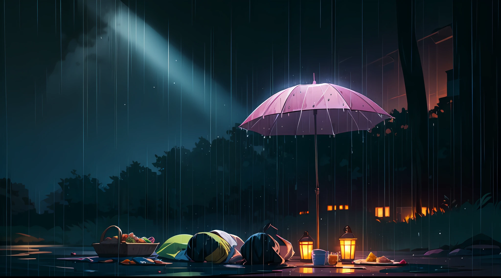 midnight picnic in the rain, dynamic lighting, high contrast, two tone lighting