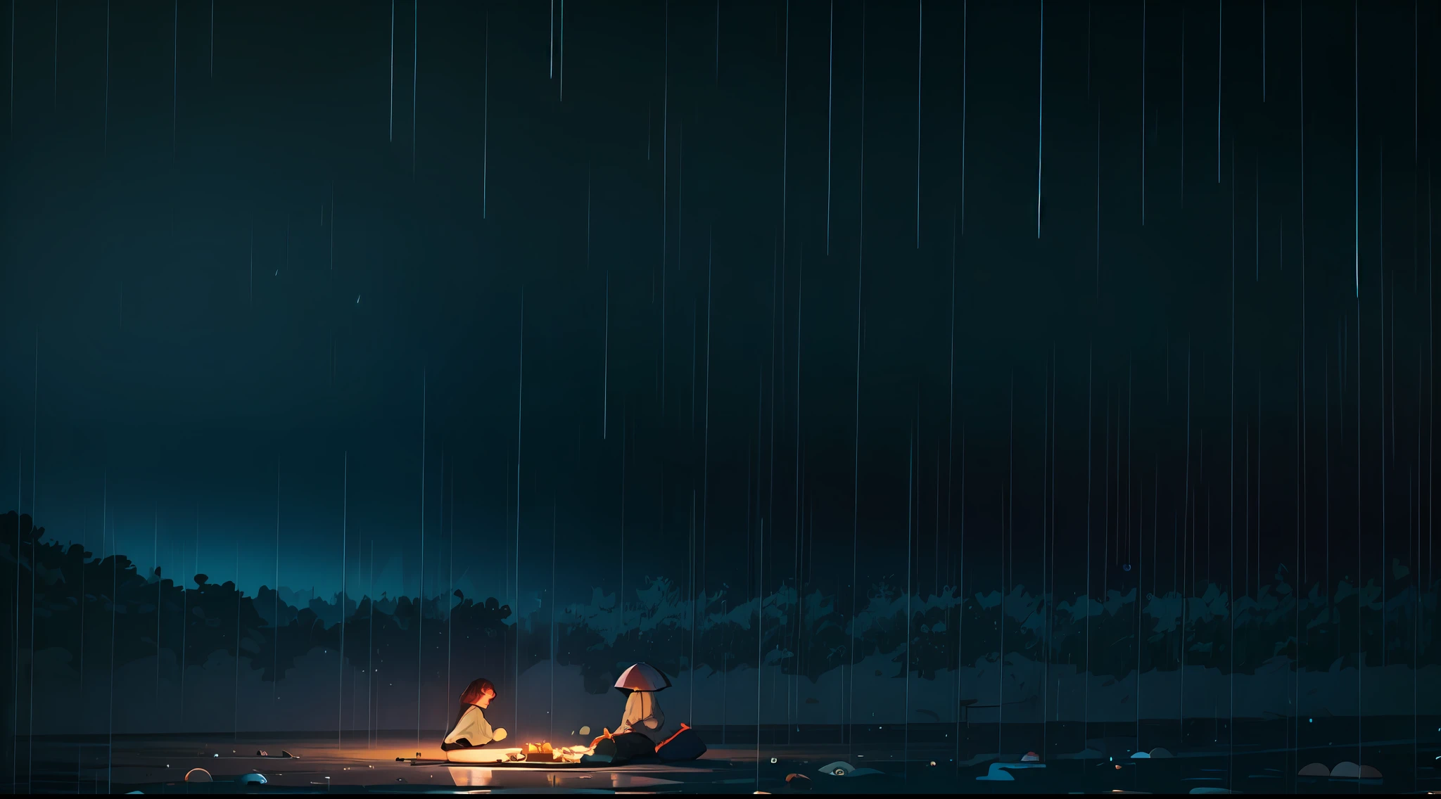 midnight picnic in the rain, dynamic lighting, high contrast, two tone lighting