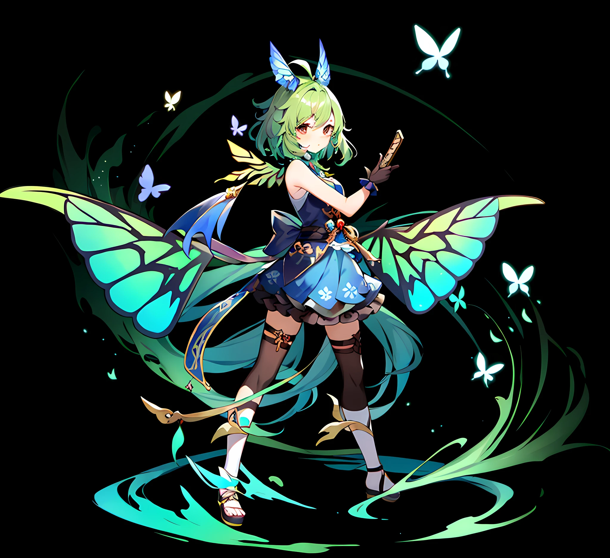 Anime girl with green hair and butterfly wings holding sword, Genshin impact's character, Ayaka Genshin impact, Keqing from Genshin Impact, touhou character, official character art, pixie character, ayaka game genshin impact, shadowverse style, art style of rune factory 5, character art of maple story, astral fairy, from touhou