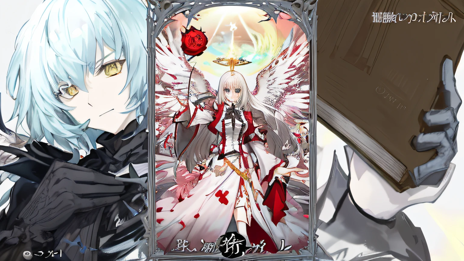 Anime characters with pictures of books and angels, [ tarot cards ]!!!!!, shadowverse style, insanity girl summon her death, white-haired god, full card design, gapmoe yandere grimdark, angel knight girl, inspired by Li Chevalier, From Arknights, fata morgana giant mirrors, angel themed, goddess of anger