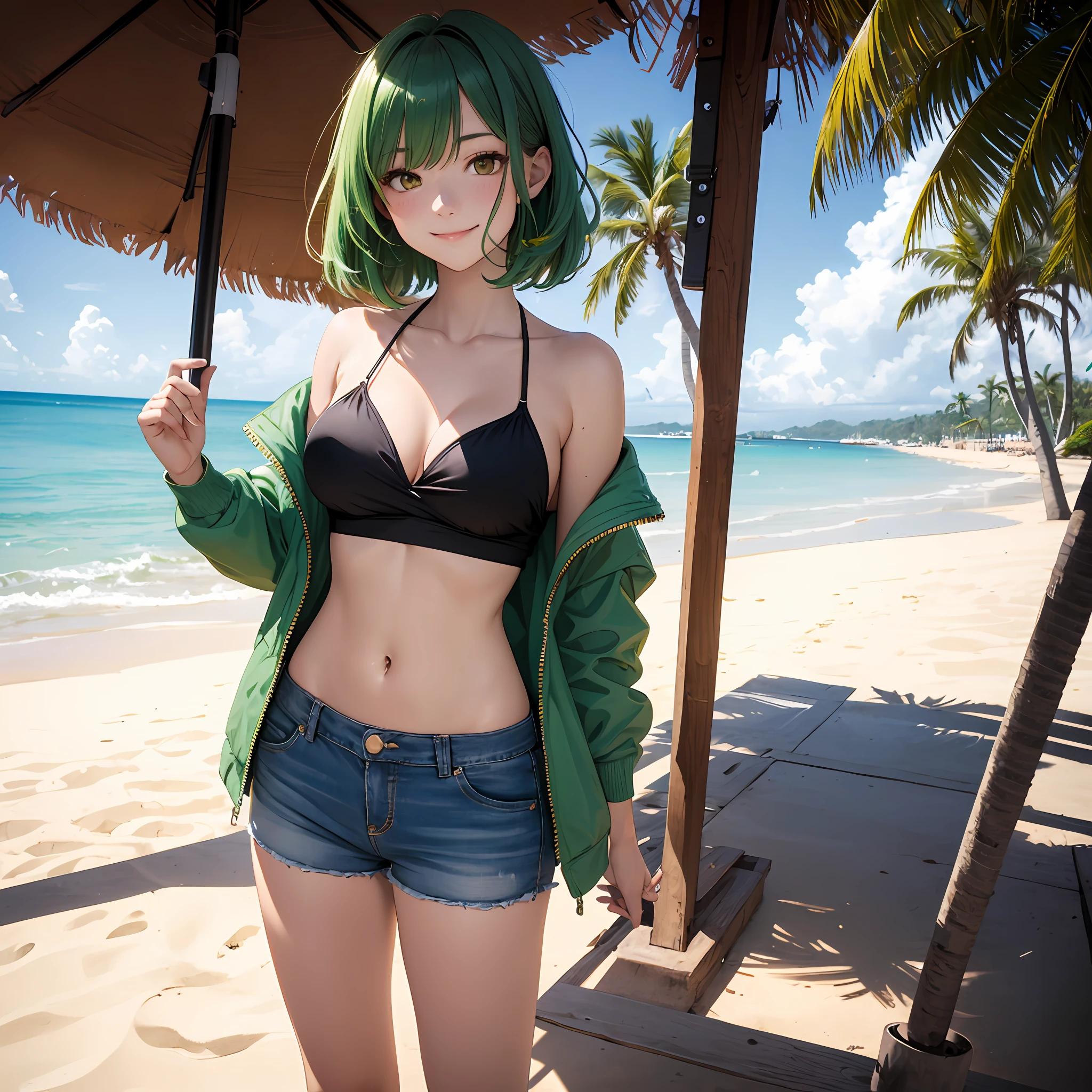 masterpiece, best quality, absurdres, perfect anatomy, 1girl, solo, green hair, medium hair, yellow eyes, medium breasts, off-shoulder bikini, denim shorts, open jacket, standing, cowboy shot, beach scene, smile --auto