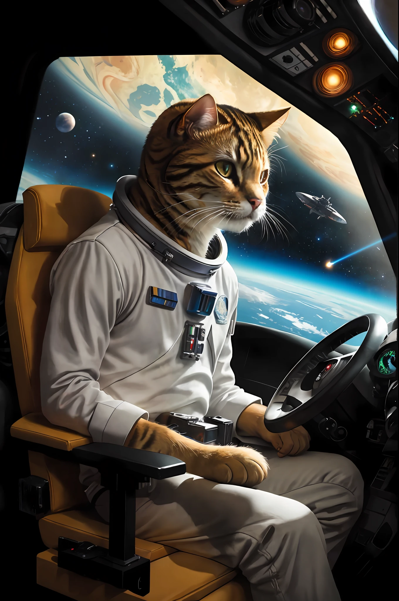 Solo, 1人, Photography, full body, Cat head,Admiral bar in the cockpit spaceship, laser guns, detail, Realistic, opulent, space, planetes, milky ways, Dim light realistic, Hyperrealistic, ultra - detailed, High detail, Film photography, Soft focus
