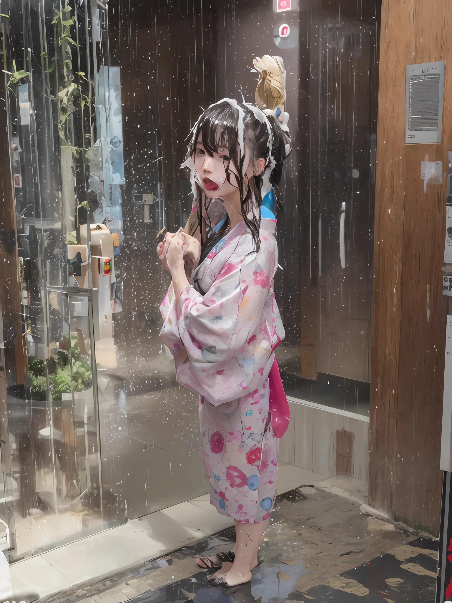 Furisode、being hit by rain、whole body soaked、Wet、Bichobicho、Wet hair、full body Esbian、Wet. Messy .full body Esbian、pink there