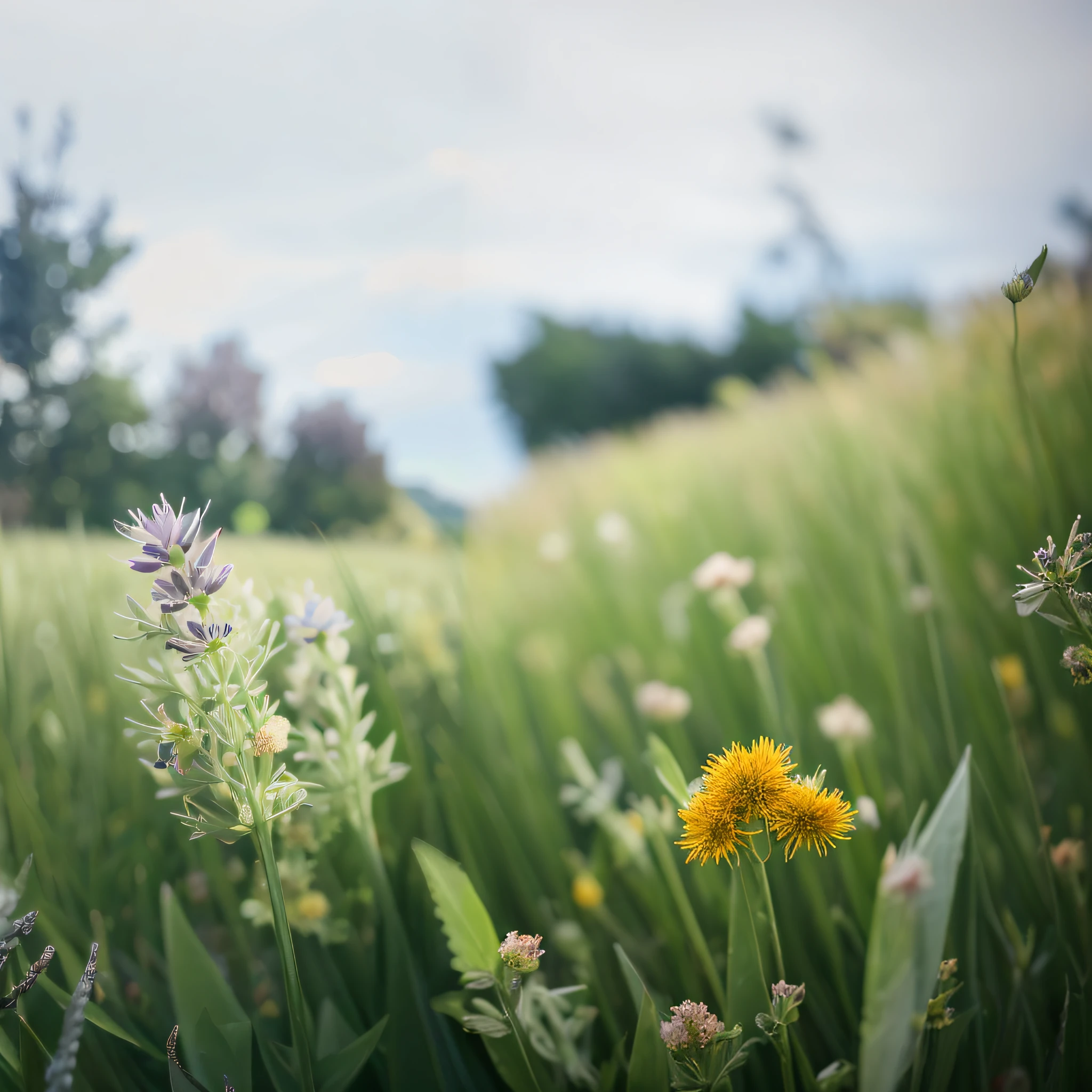 There is a picture of the field，There is a bouquet of flowers on it, meadow in the background, flowers in foreground, Photo taken with Sony a7R camera, Photo taken with Sony A7R, bokeh in the background only, on a grassy field, Shot on Sony A 7, Meadow flowers, very shallow depth of field, photo taken with canon 5d