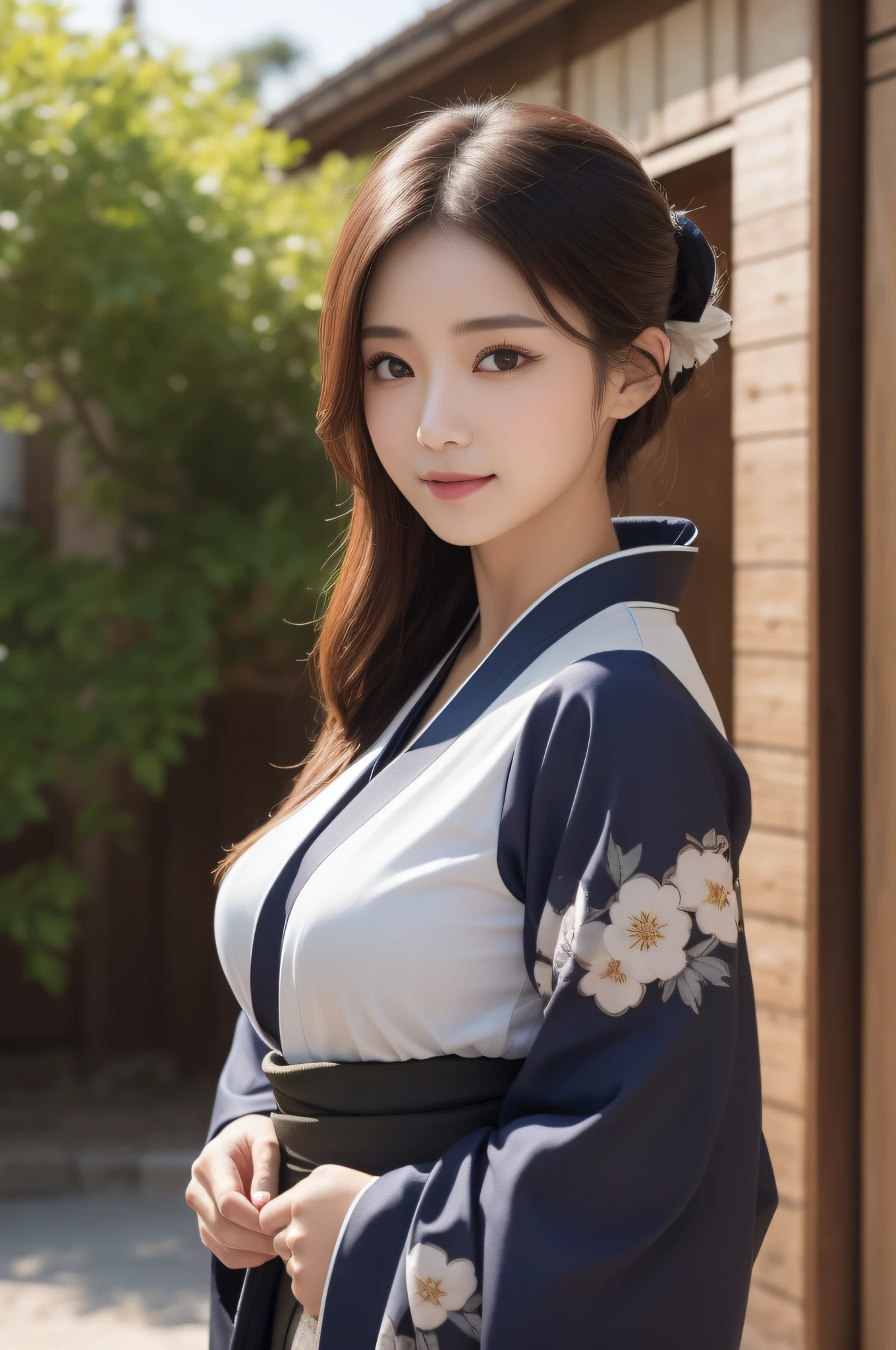 ((top-quality、8k masterpieces:1.3))、foco nítido:1.2、(ultra beautiful faces:1.0)、(Slender Abs Beauty:1.0)、(shinny skin:1.0)、photos realistic、A dark-haired、Video Lighting、High-definition eyes and face、Video Lighting、(cowboy shot:1.3)、(Kimono、Hakama、Obi:1.4)、(Korean Cute Actress)、Traditional kimono、from the front side、medium large breasts、A slight smile