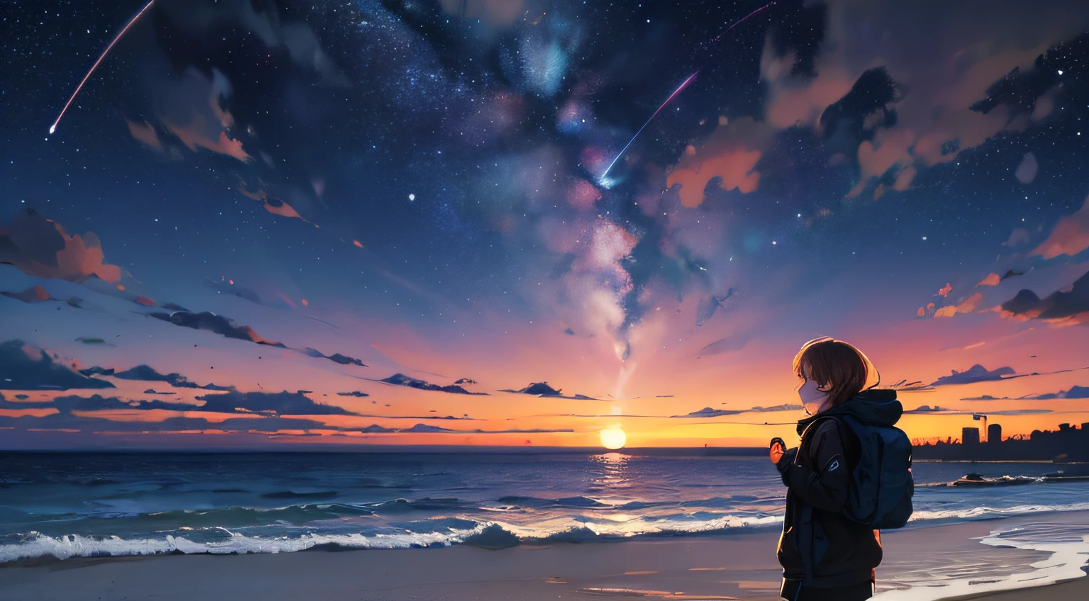 {{{masutepiece}}}, {{{Best quality}}}, {{Ultra-detailed}}, {Illustration}, {{extremely delicate and beautiful}}, landscapes、Landscape painting、Landscape Main、Image quality in 8K, beautiful milky way、nigh sky、Wide sky、Mystical、Deep sky、Falling sky、8K、The night sky is about to be swallowed up、Morning is near、The night ends、The beginning is near、Deep Darkness、Cinematic、myterious、Fantastic、Beautiful fece、wide-angle lens、the golden ratio、Calm arrangement、Deep colors、Impression、night sky full of stars、City lights in the distance、Big Moon、planet、the ocean、Vast、Diminutive people、A majestic world、Like being sucked in、Depicts the silhouette of a girl carrying a backpack in a small size、