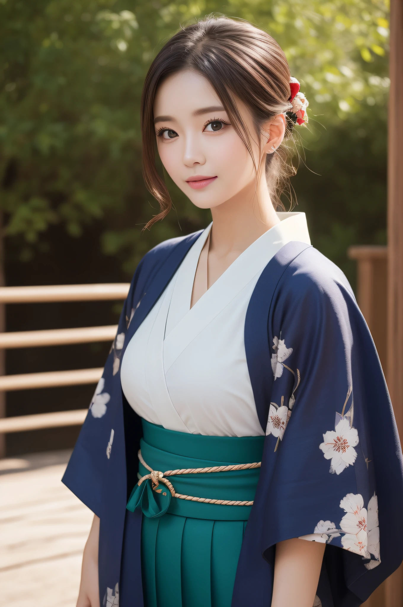 ((top-quality、8K、a masterpiece of:1.3))、foco nítido:1.2、(ultra beautiful faces:1.0)、(Slender Abs Beauty:1.0)、(shinny skin:1.0)、photos realistic、A dark-haired、Video Lighting、High-definition eyes and face、Video Lighting、(cowboy  shot:1.3)、(Kimono、Hakama、Obi:1.4)、(Korean Cute Actress)、Traditional kimono、from the front side、medium large breasts、A slight smile