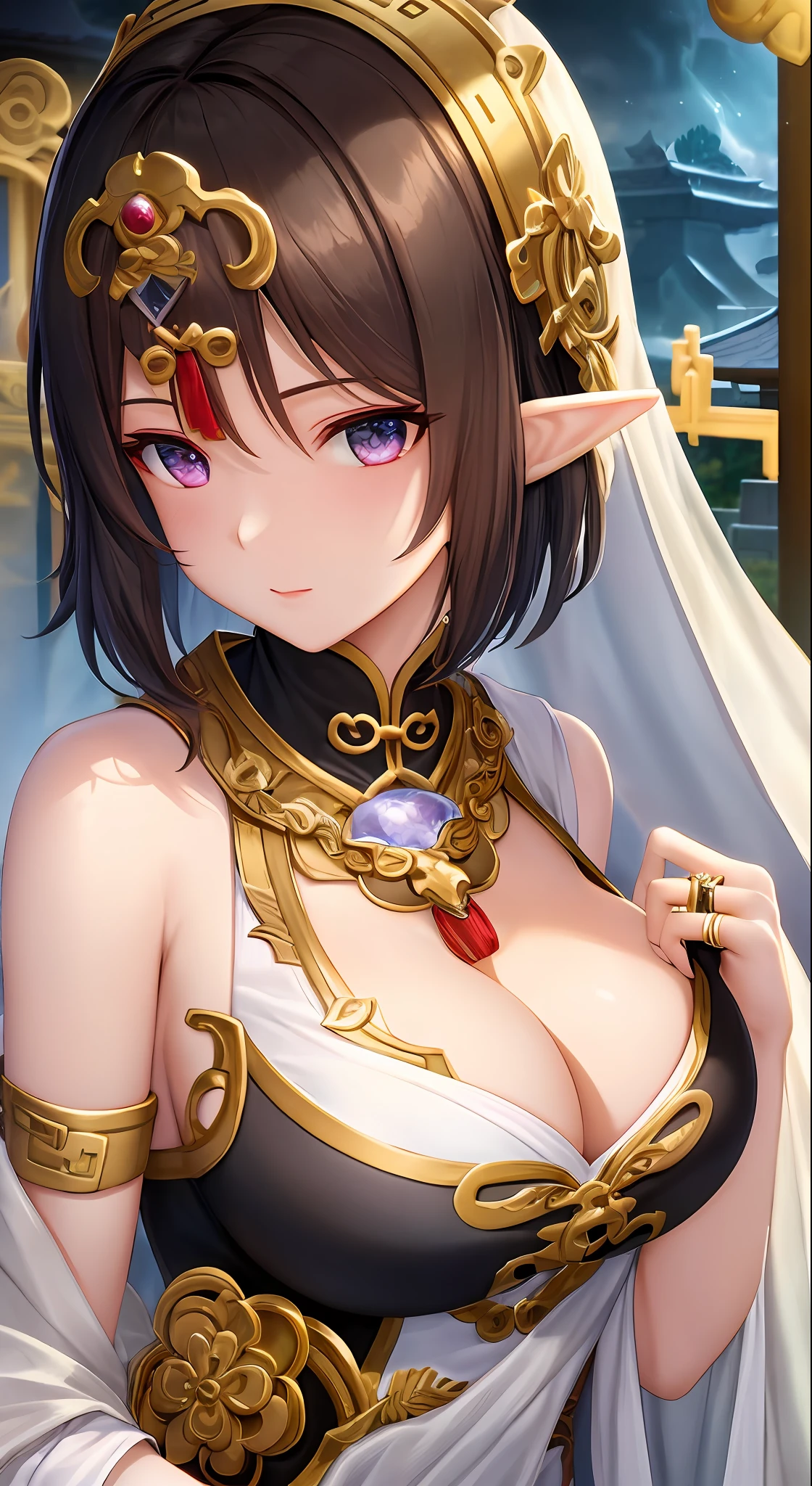 a woman with a gold mesh headdress pendant on her head, With a golden ring in her hand,Game CG, cinematic goddess , a beautiful fantasy empress, xianxia hero, 4 K detail fantasy, Art germ , xianxia fantasy, Inspired by Liu Yifei, 8k portrait render,alluring elf princess knight,(((gold Saint's costume))),dark brown Short-hair,(Temple),large boob, Game CG
