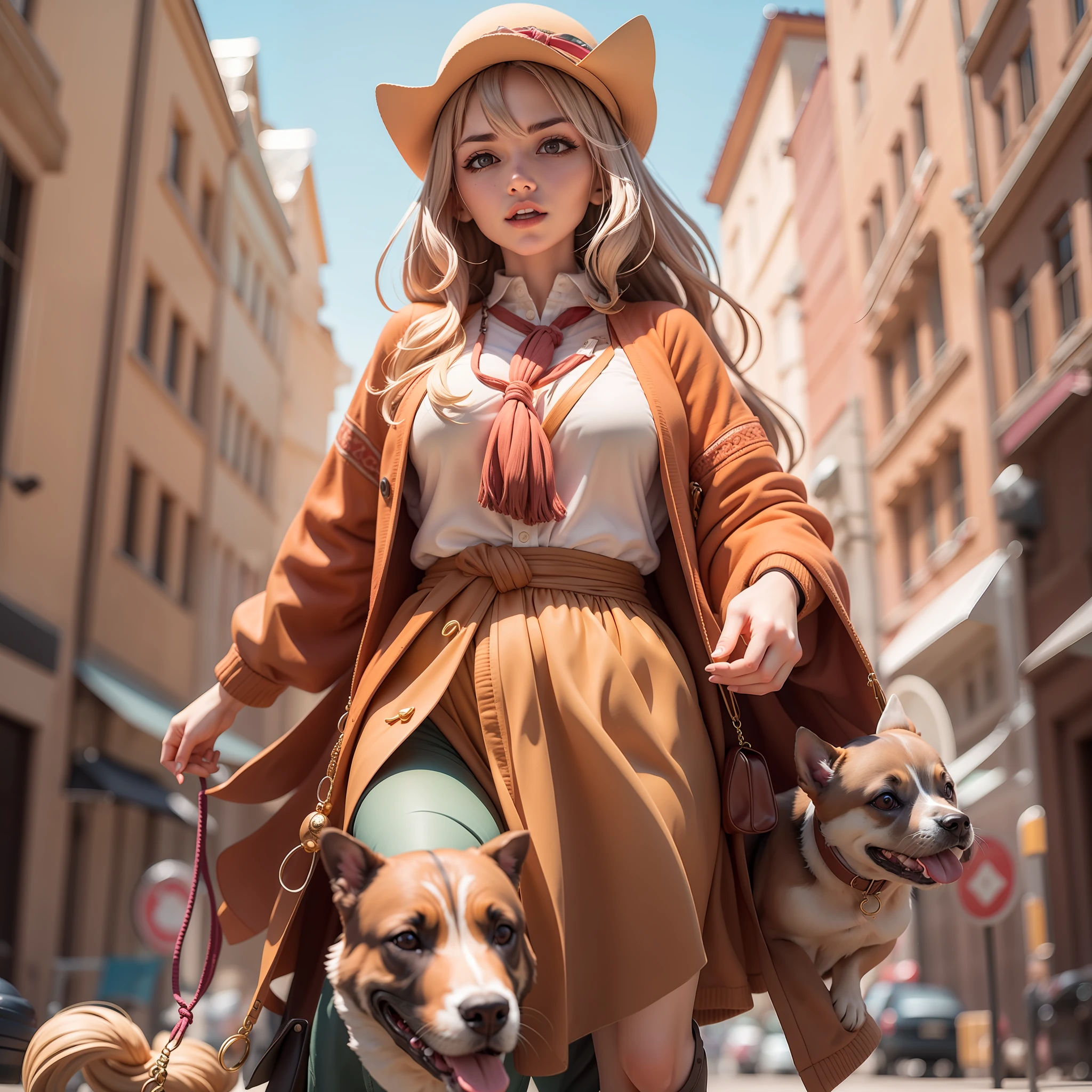 A woman leads a dog