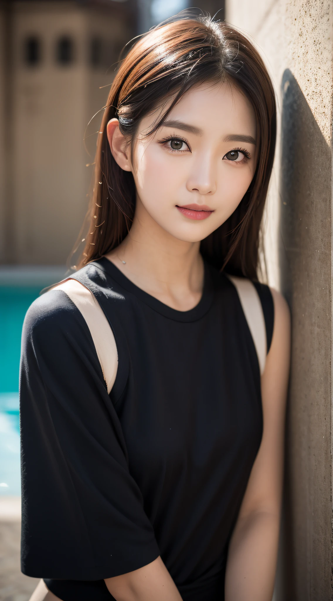 ((best qualtiy、8k masterpieces:1.3))、foco nítido:1.2、(ultra beautiful faces:1.0)、(Slender Abs Beauty:1.0)、(shinny skin:1.0)、photos realistic、A dark-haired、Video Lighting、High-definition eyes and face、Video Lighting、(cowboy shot:1.3)、swim wears、(Korean Cute Actress)、from the front side、medium large breasts、A slight smile、Sleeveless