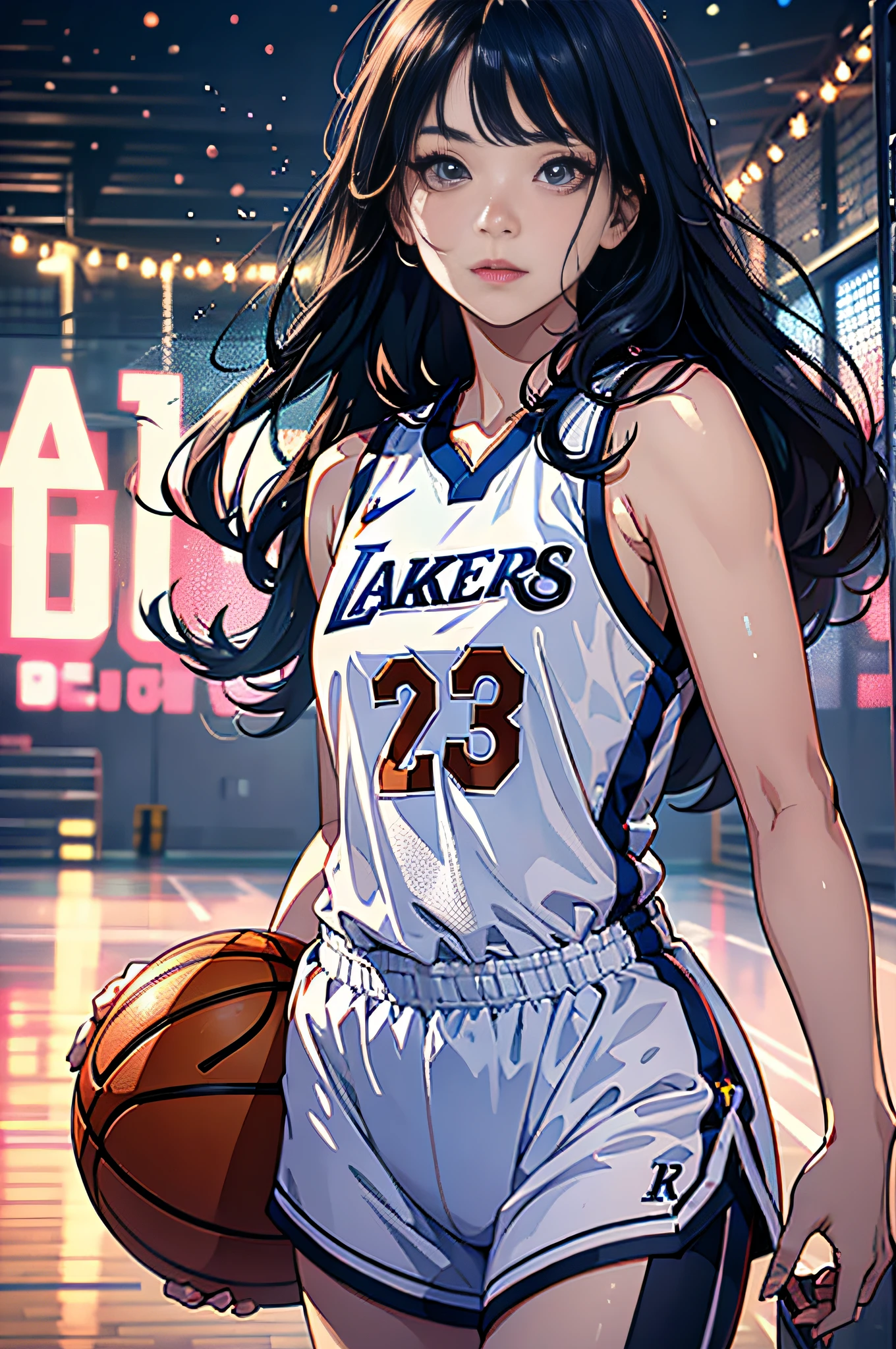 (8k, Best Quality, Masterpiece: 1.2), (Realistic, Realistic: 1.37), Ultra Detailed, Best Quality, Ultra High Resolution, Professional Lighting, Photon Mapping, Radiosity, Physically Based Rendering, Cinematic Lighting, Basketball court, depth of field, clear focus, sunlight, good composition, (bokeh: 1.2) 1girl, solo, (full body), (closed mouth), beautiful and detailed eyes, pose, narrow waist, basketball uniform, black hair , messy hair, long hair blowing in the wind, (ulzzang-6500:1.2) mix4, hiqcgbody,laker,The jersey number is 23