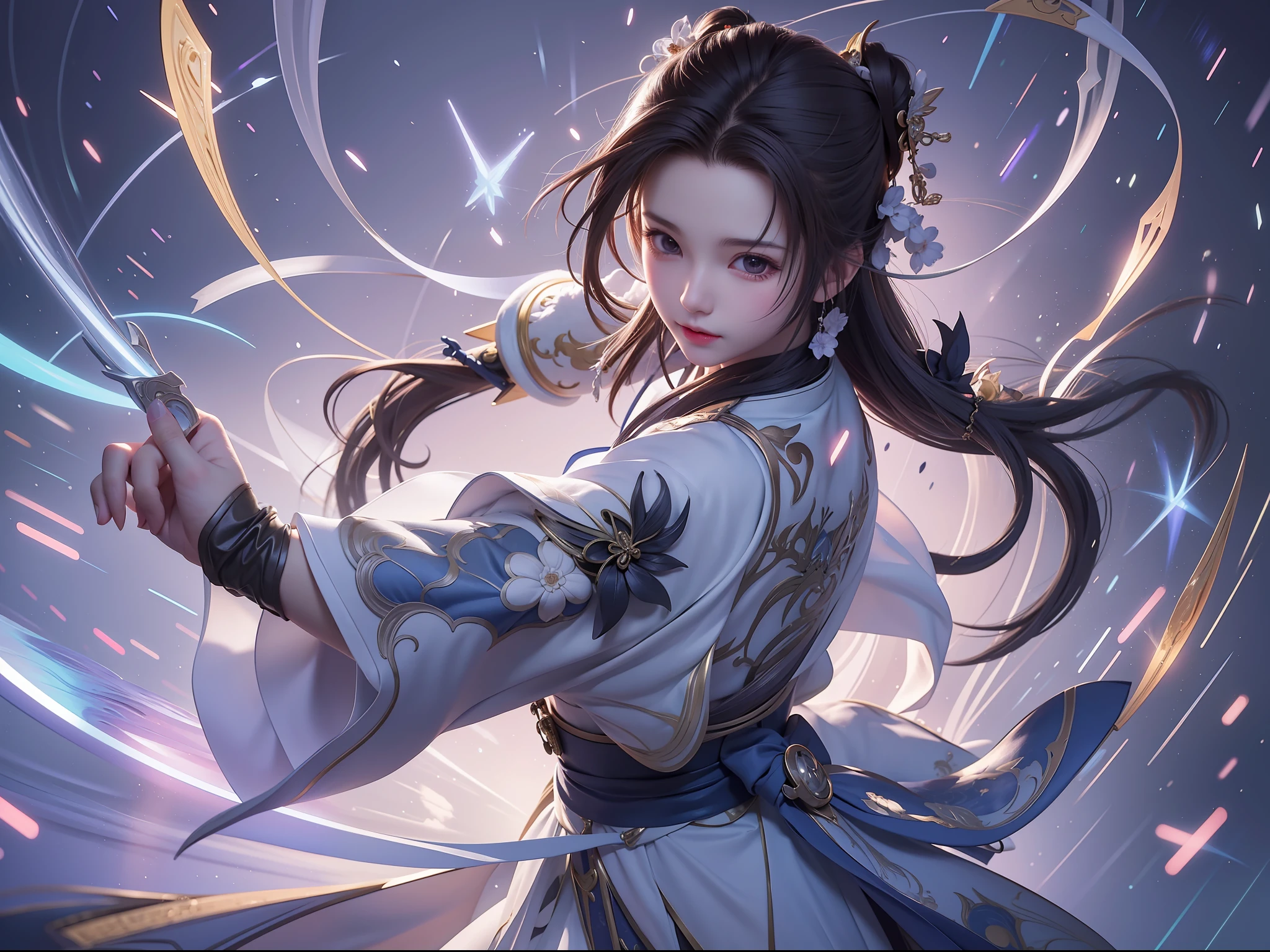 animemanga girl，Holding a sword in hand，There is a vortex of light behind him, by Yang J, Keqing from Genshin Impact, heise jinyao, Artgerm and Atey Ghailan, zhongli from genshin impact, Extremely detailed Artgerm, Guviz-style artwork, Alice X. zhang, Beautiful character painting