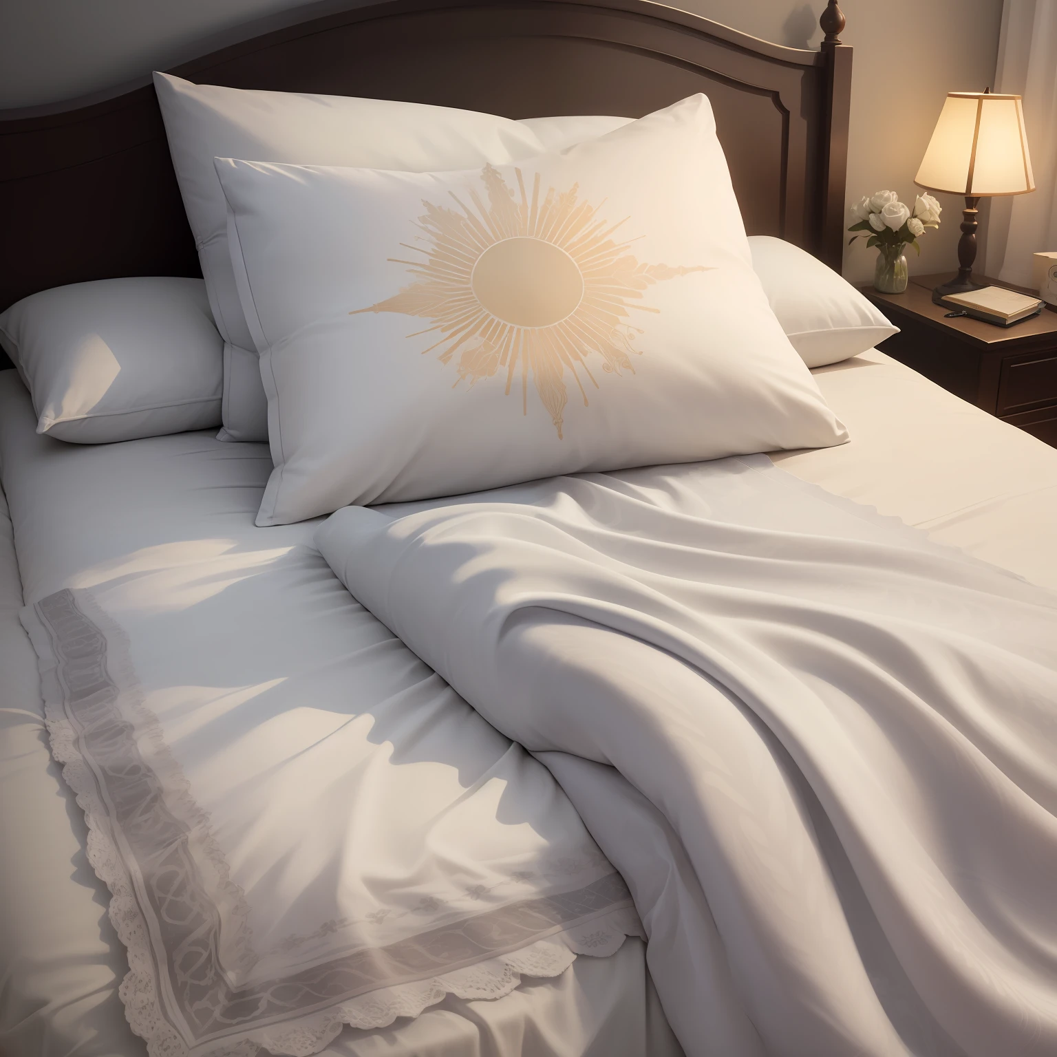 There is a bed，There are white duvets and pillows, White bed, goodnight, linen, predominant white color, Bed, Platinum, crisp smooth lines, cozy calm! fabrics textiles,print, delicate patterned, sun coast, un made bed, ceramics, Product rendering, Satin, Cotton, ellegance --auto