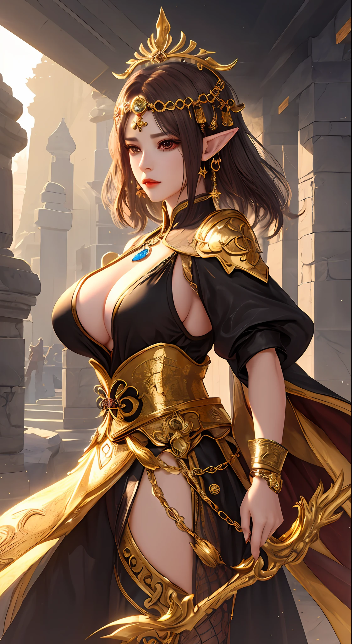 a woman with a gold mesh headdress pendant on her head, With a golden ring in her hand,Game CG, cinematic goddess , a beautiful fantasy empress, xianxia hero, 4 K detail fantasy, Art germ , xianxia fantasy, Inspired by Liu Yifei, 8k portrait render,alluring elf princess knight,(((gold Saint's costume))),dark brown Short-hair,(Temple),large boob,3d unreal engine