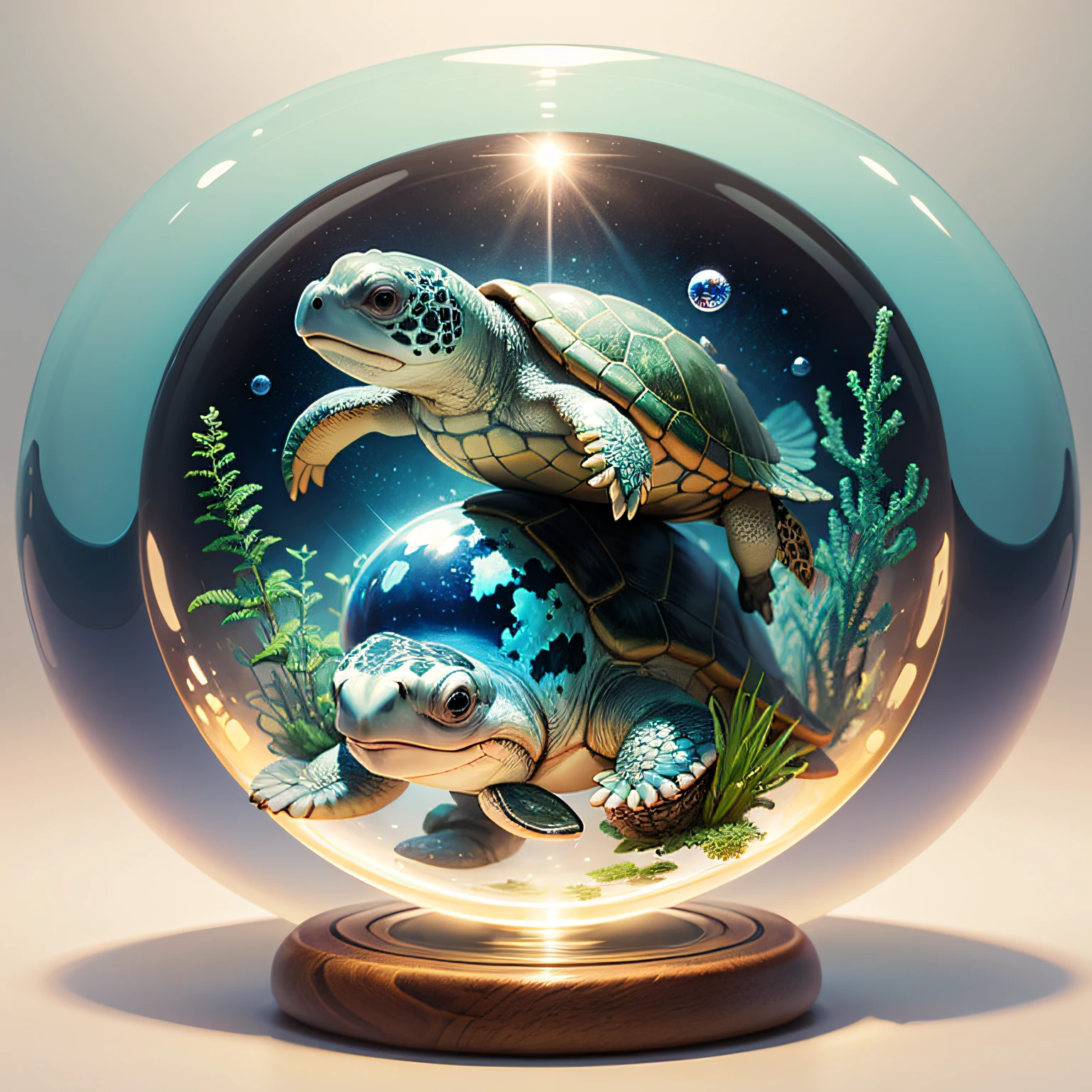 Earth Day Poster、Flat illustration、Super cute anime-style turtle swimming in the sea、Blue spherical crystal ball、The corals、AngelT、simple background、Central configuration、bright colour、contrasts of light and shadow、The ultra -The high-definition、4K