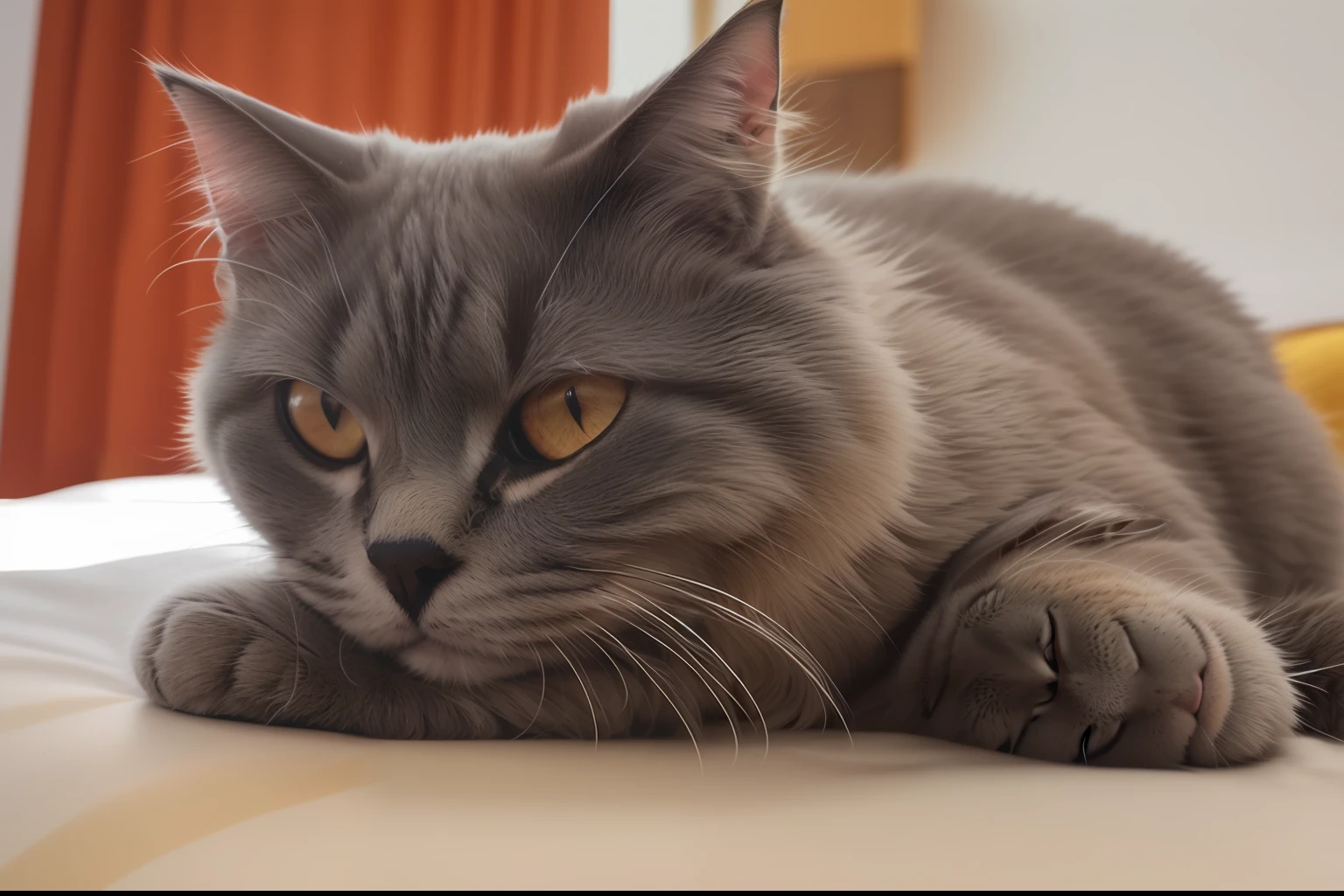 there is a cat that is laying down on a bed,pillow head, she has tired eyes, sad cat, focused amber eyes, heavy eyes to the side, With gray eyes, Glaring at the camera, cat - like scarlet eyes, angry looking at camera, soft but grumpy, look straight at the camera, tired eyes, angry looking, Look at the camera intently