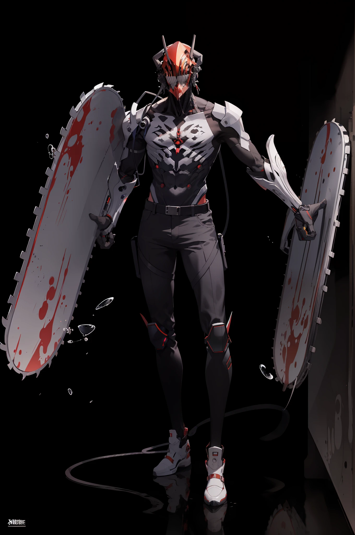 (masterpiece, best quality:1.2), full body, goth_punk, 1man, solo, chainsaw man ultimate form, long pointy horns, color white, wearing a cyber exoskeleton armor, roled up sleeves, long tongue, wearing gloves, splash ink, manga style