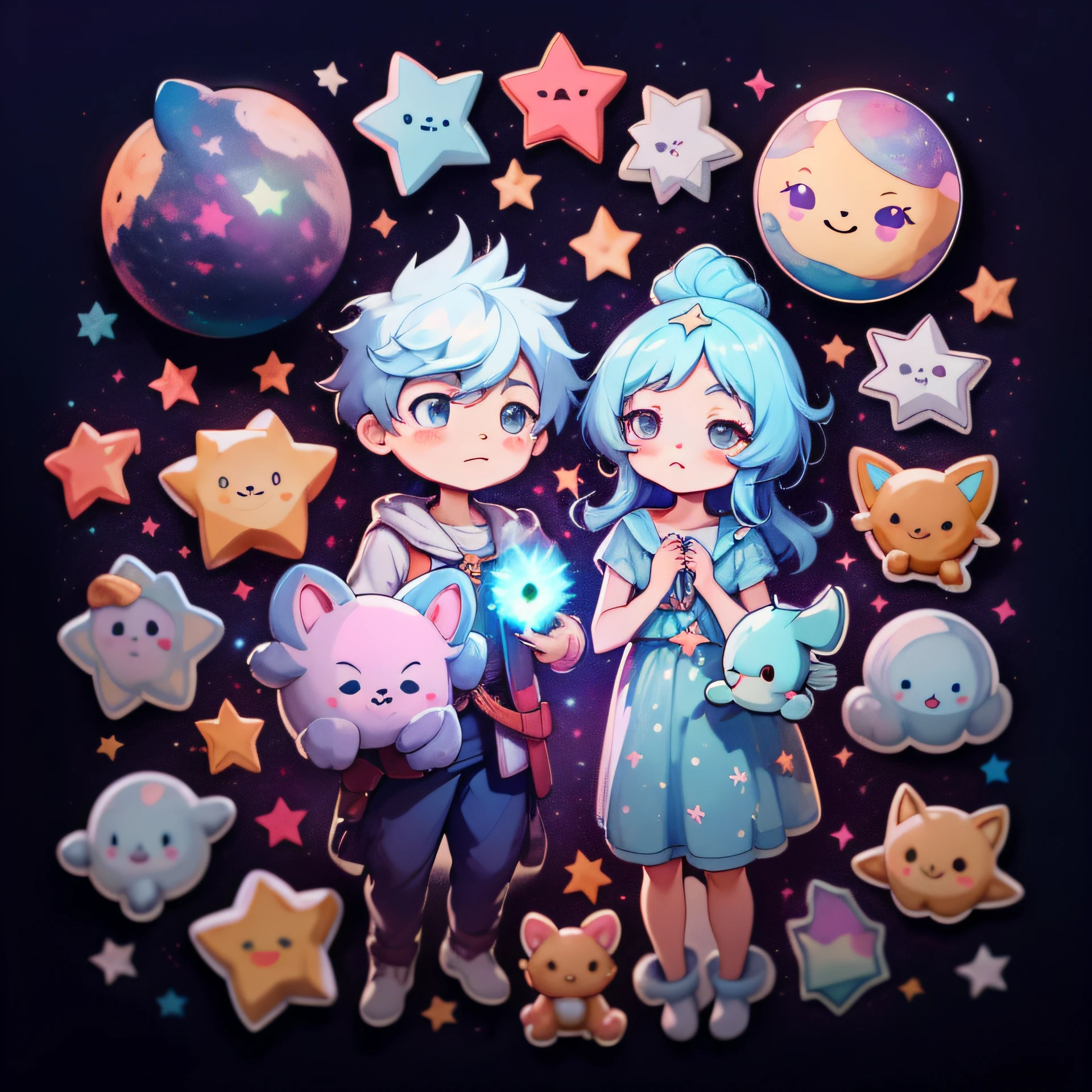 Sticker with a dreamy night sky scenario, com estrelas, luas e elementos celestiais, combinados com personagens fofos de anime.