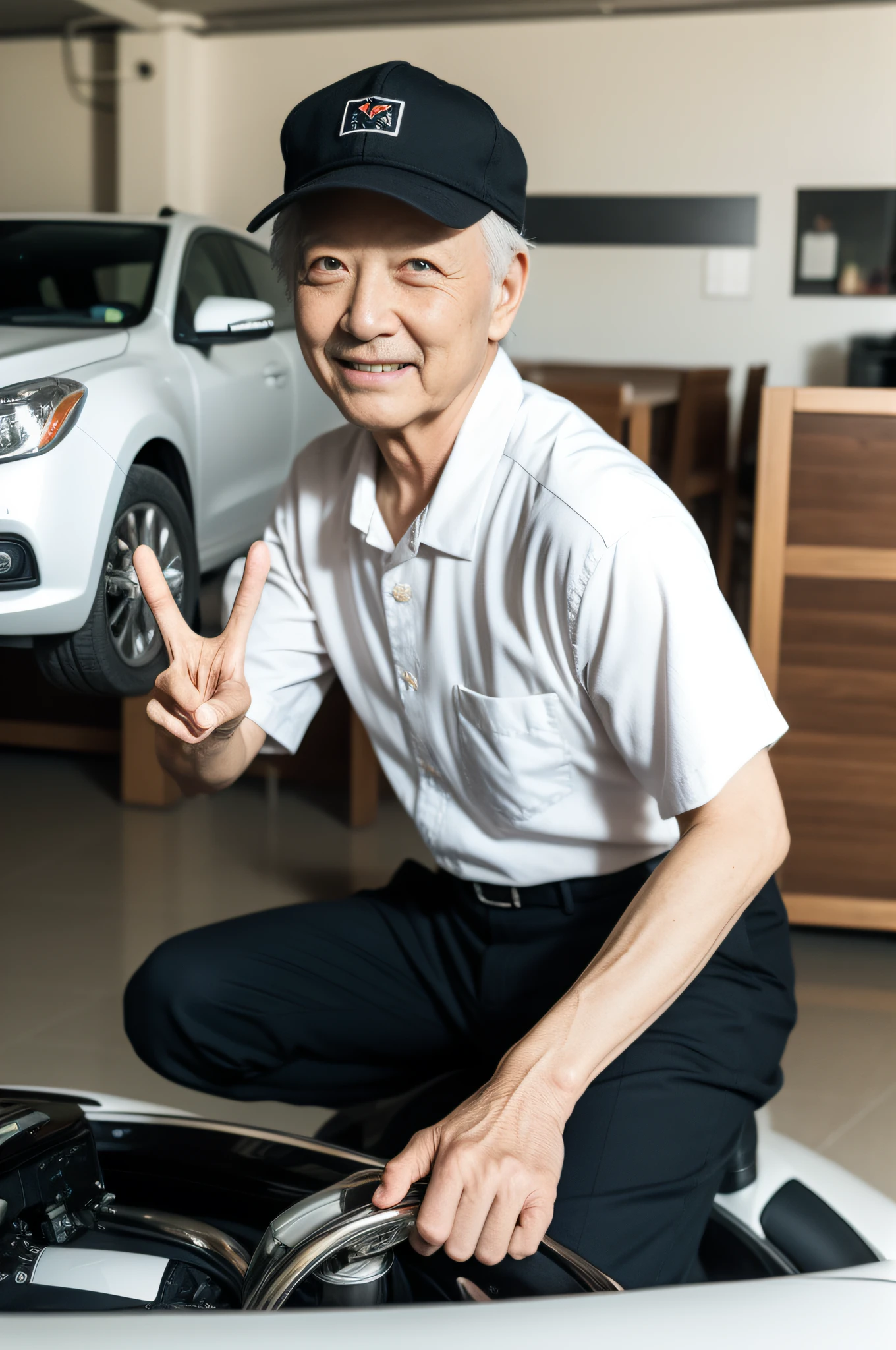 Old man making peace sign, Gray hair、grin, (8K, Raw photo, Best Quality, masutepiece:1.2), high-definition RAW color photography, professional photograpy, (Realistic, photographrealistic:1.3),