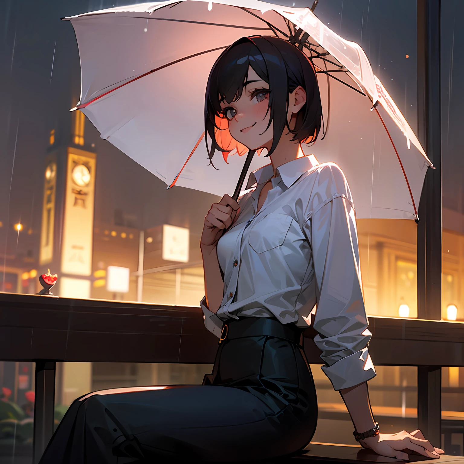 (8k, Best Quality, Masterpiece: 1.2), (Realistic, Realistic: 1.37), Ultra Detailed, 1 Girl, Cute, Solo, Beautiful Detailed Sky, Detailed Cafe, Night, Sitting, Dating, ( red nose), (smile: 1.15), (shut up) small breasts, beautiful and delicate eyes, (collared shirt: 1.1), night, wet, business attire, rain, white lace, (short hair: 1.2), flowing hair NovaFrogStyle, --auto