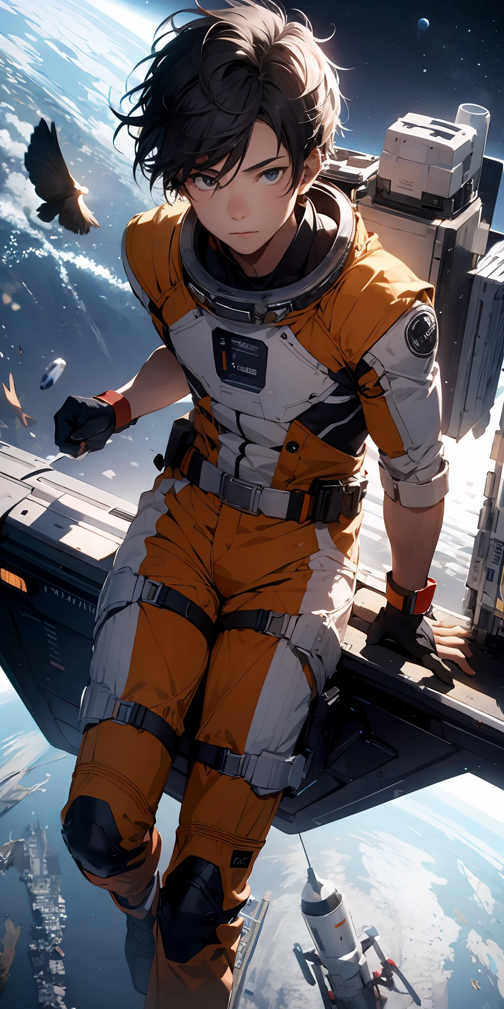 ridiculous resolution, high resolution, (masterpiece:1.4), super detailed, 1boy, seen from above, space, floating, --v 6