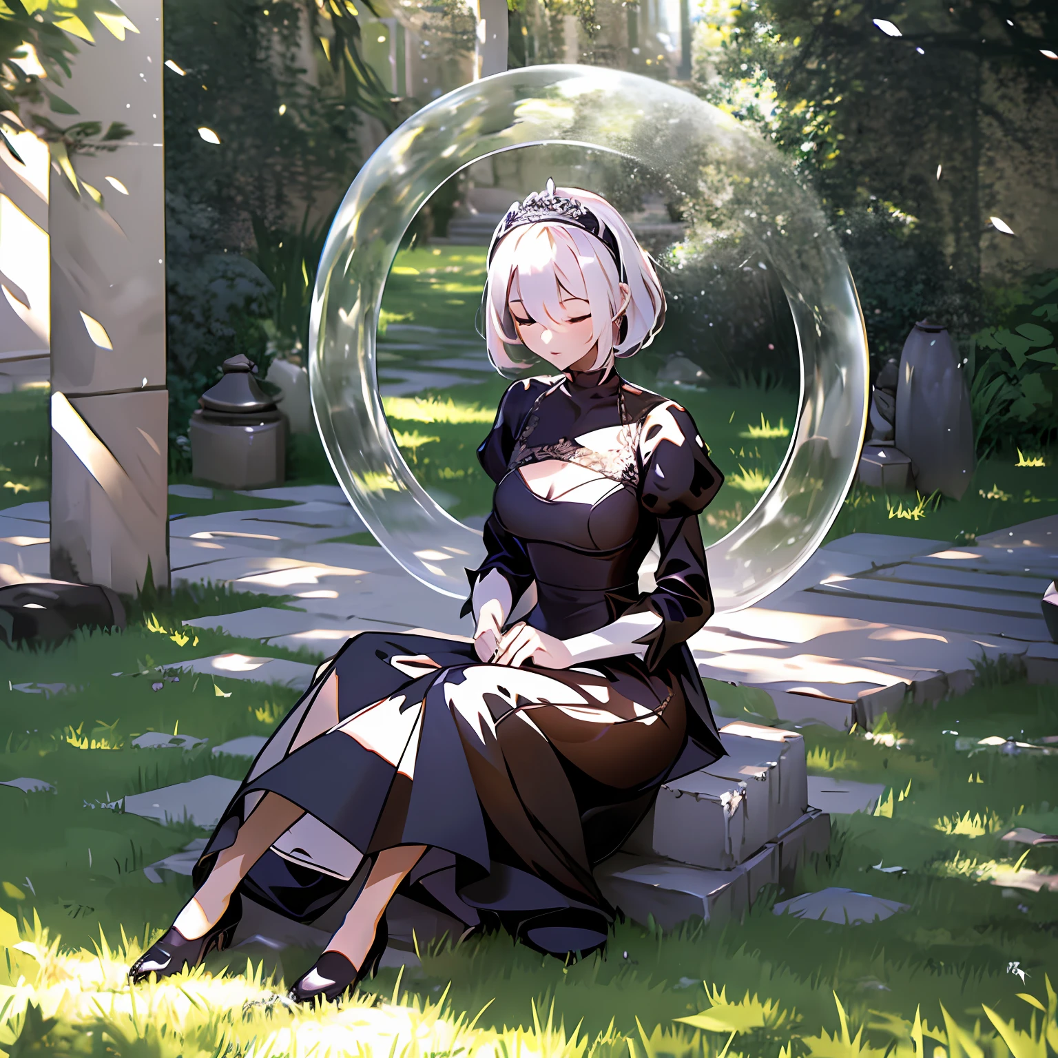 "Premium Royal Sister Materials,Royal sister on the grass,The breeze blows through,She closed her eyes slightly,Temperament,Black gown,high-heels,Need,Play the piano。"