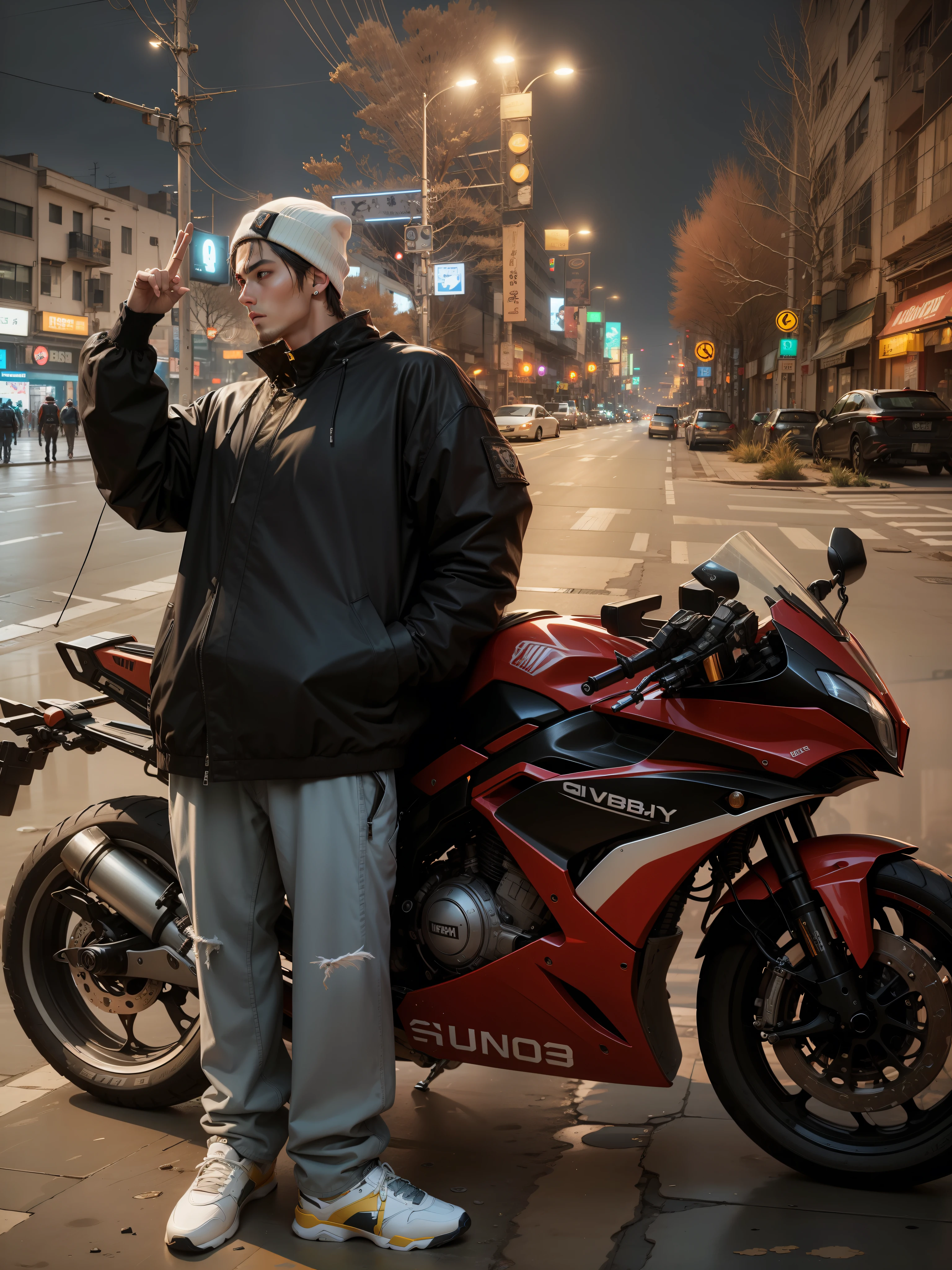 Shabby mech jacket，One-handed ratio✌，White cotton cap，Handsome face，cyberpunk backgrouns