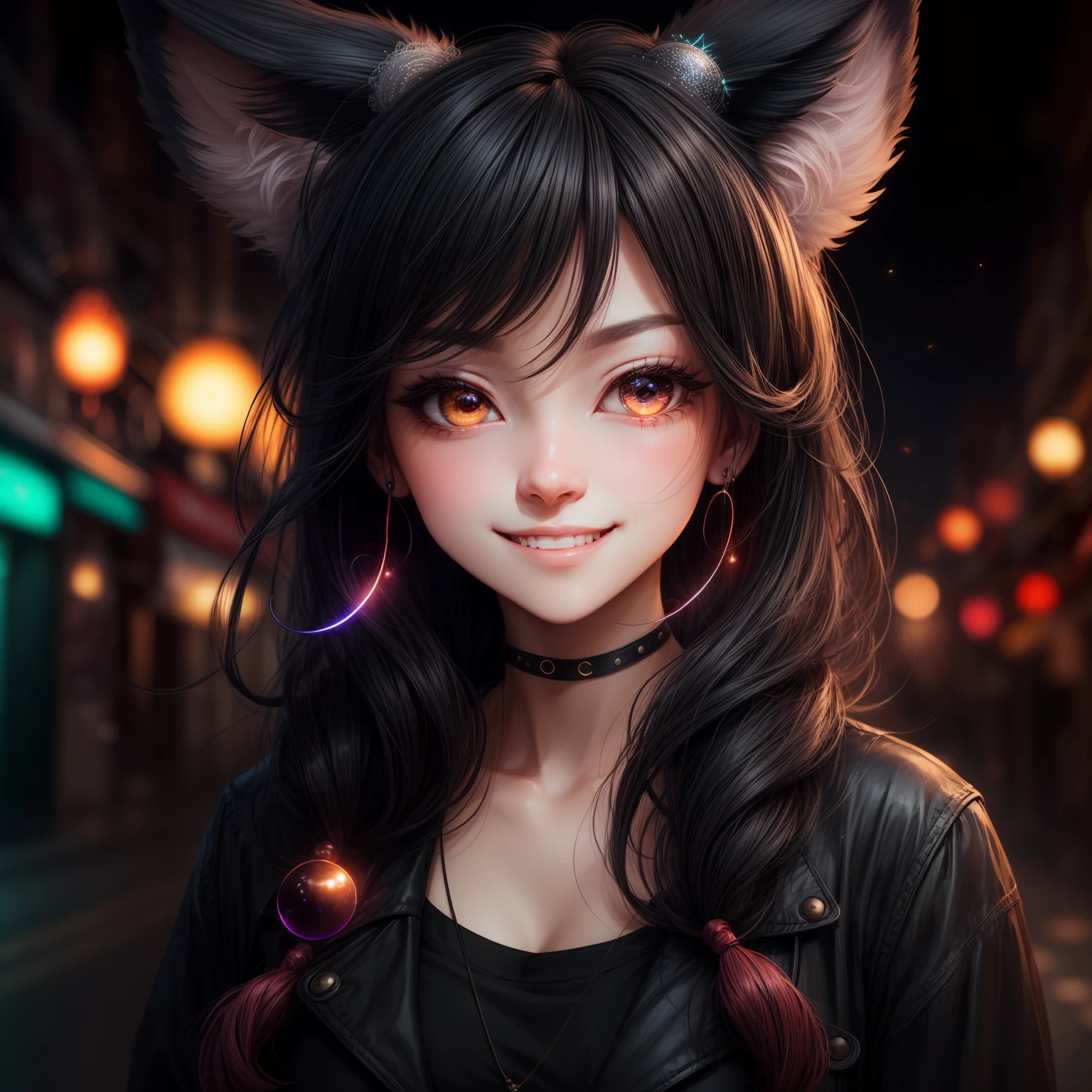 black hair, hair bobbles, wince, longeyelashes, solid circle eyes, fake animal ears, light smile, ear blush, fang, Surrealism, drop shadow, anaglyph, stereogram, tachi-e, pov, atmospheric perspective, 8k, super detail, ccurate, best quality --auto