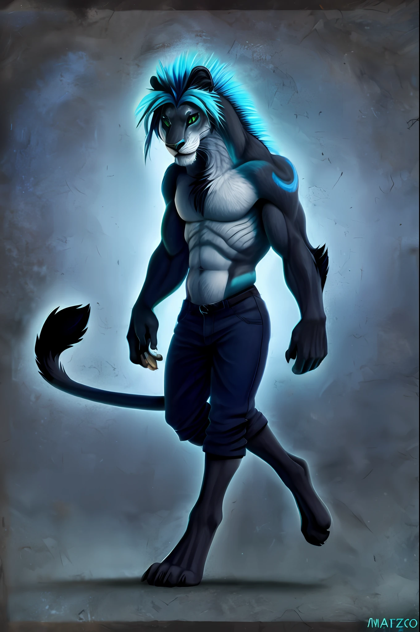 An anthropomorphic blue lion with green eyes, melena azul oscuro (alrededor del cuello), cuerpo azul, garras azules, ojos azules, pelaje azul, nariz azul, garras, pelaje, fondo degradado, feliz, head tuft, mirando al espectador, boca abierta, sonrisa abierta, pantalones negros