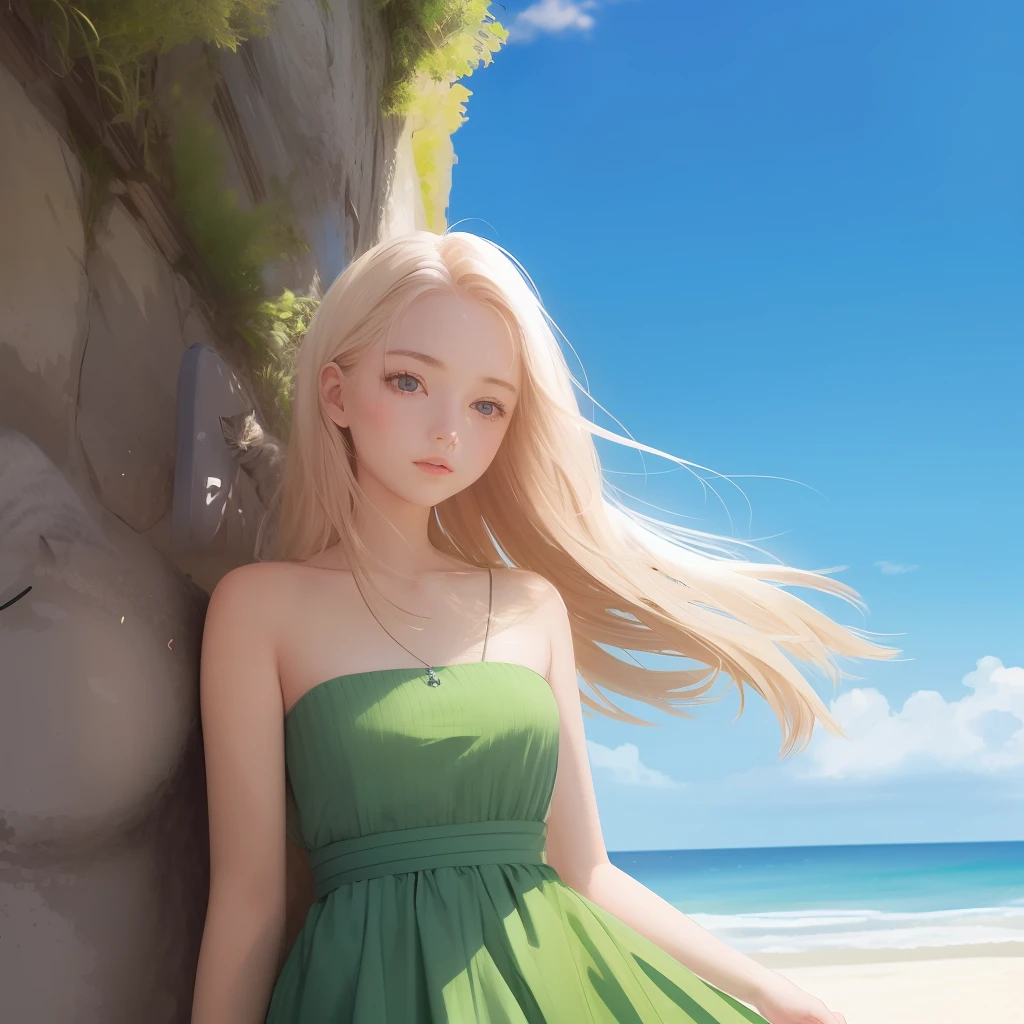 beachside,Little sister,long whitr hair,baby cats,blue skirts